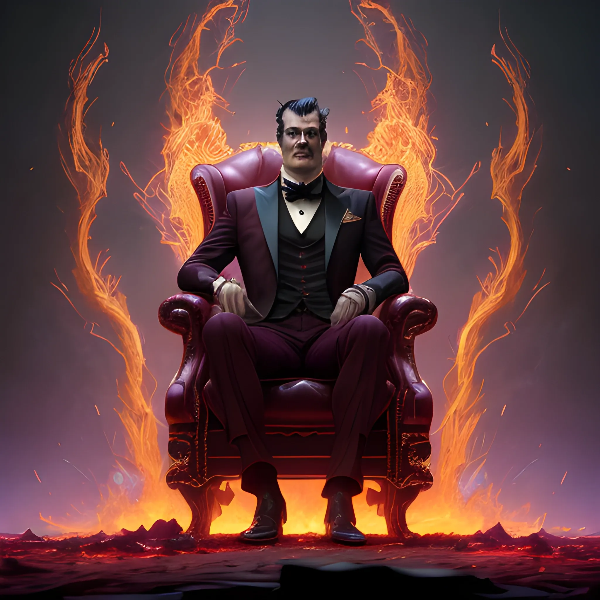 a fancy portrait of a middle-aged clean-shaven tall strong dark-haired evil man in a dark red suit covered in purple and red flames by Greg Rutkowski, Sung Choi, Mitchell Mohrhauser, Maciej Kuciara, Johnson Ting, Maxim Verehin, Peter Konig, final fantasy , mythical, 8k photorealistic, cinematic lighting, HD, high details, atmospheric,