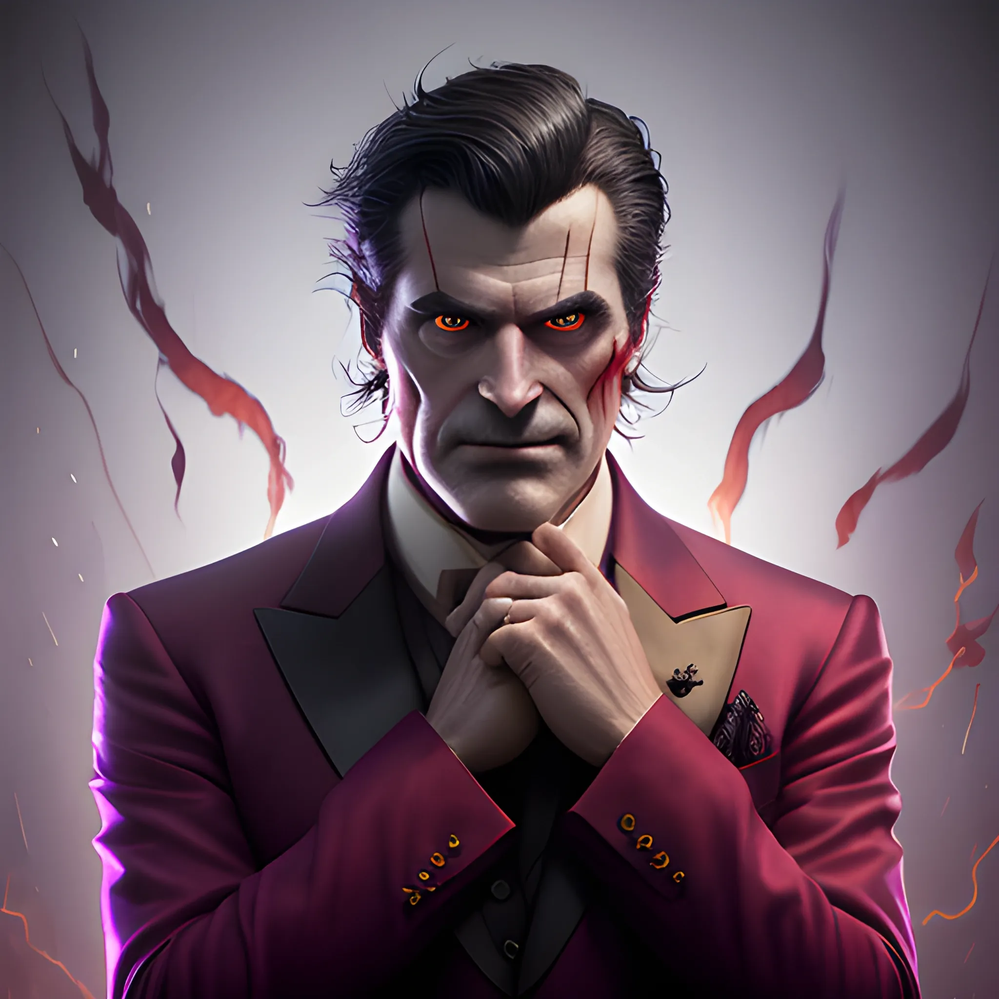 a fancy portrait of a middle-aged clean-shaven tall strong dark-haired evil man in a dark red suit covered in purple and red flames by Greg Rutkowski, Sung Choi, Mitchell Mohrhauser, Maciej Kuciara, Johnson Ting, Maxim Verehin, Peter Konig, final fantasy , mythical, 8k photorealistic, cinematic lighting, HD, high details, atmospheric,