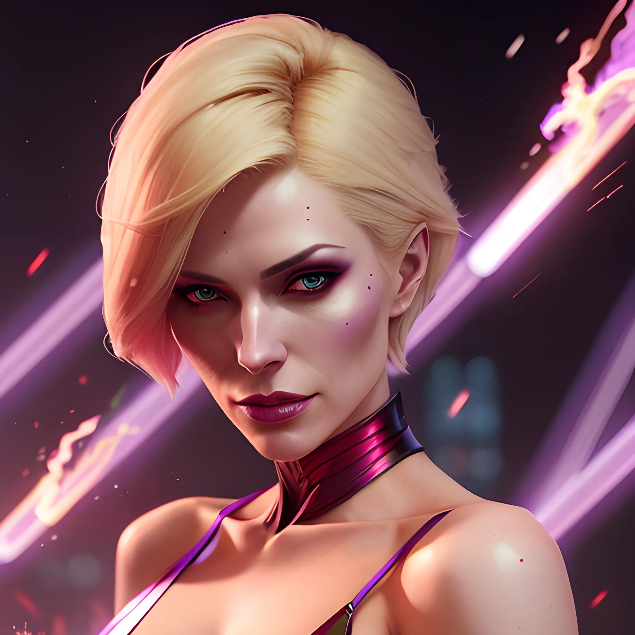 a fancy portrait of a beautiful short-haired blonde young woman in modern clothing covered in purple and red flames by Greg Rutkowski, Sung Choi, Mitchell Mohrhauser, Maciej Kuciara, Johnson Ting, Maxim Verehin, Peter Konig, final fantasy , mythical, 8k photorealistic, cinematic lighting, HD, high details, atmospheric,