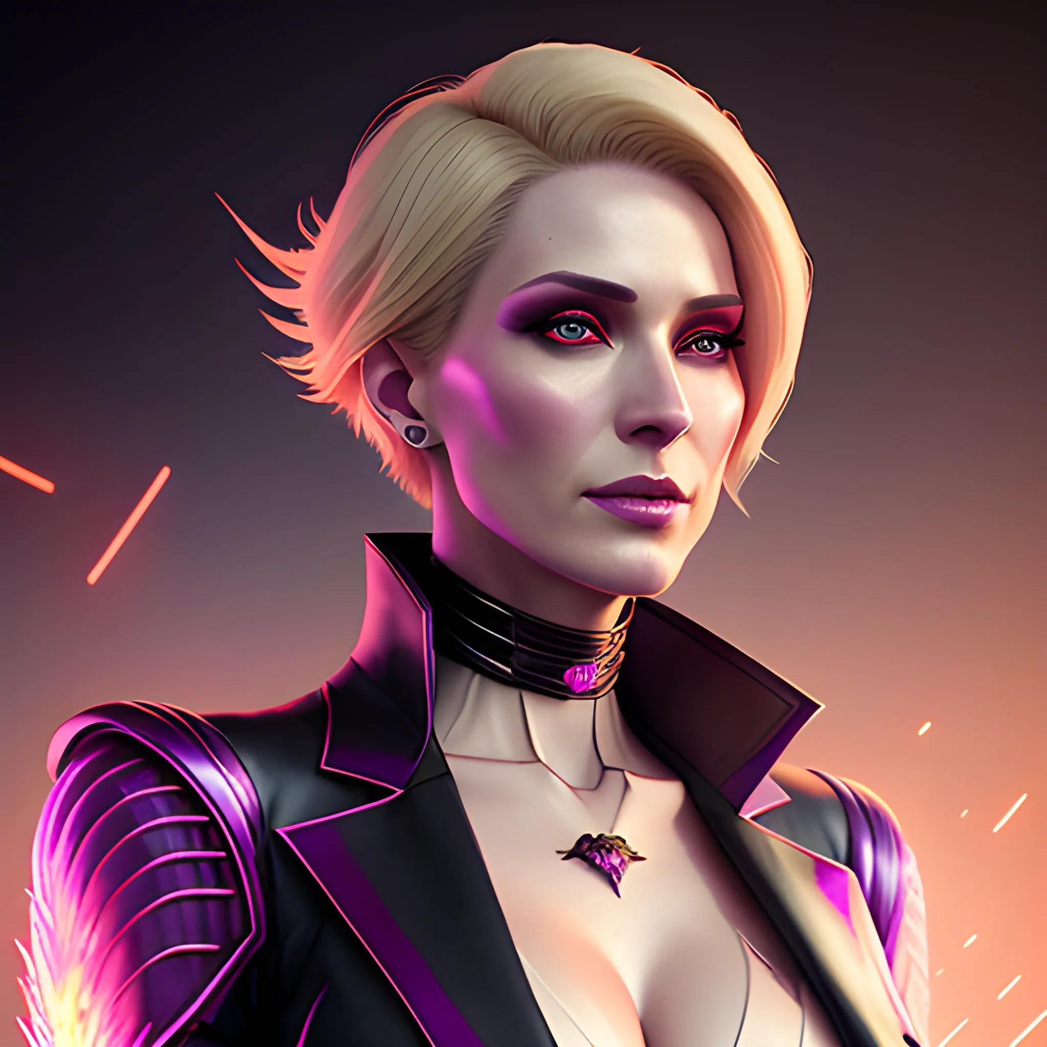 a fancy portrait of a beautiful short-haired blonde young woman in modern clothing covered in purple and red flames by Greg Rutkowski, Sung Choi, Mitchell Mohrhauser, Maciej Kuciara, Johnson Ting, Maxim Verehin, Peter Konig, final fantasy , mythical, 8k photorealistic, cinematic lighting, HD, high details, atmospheric,