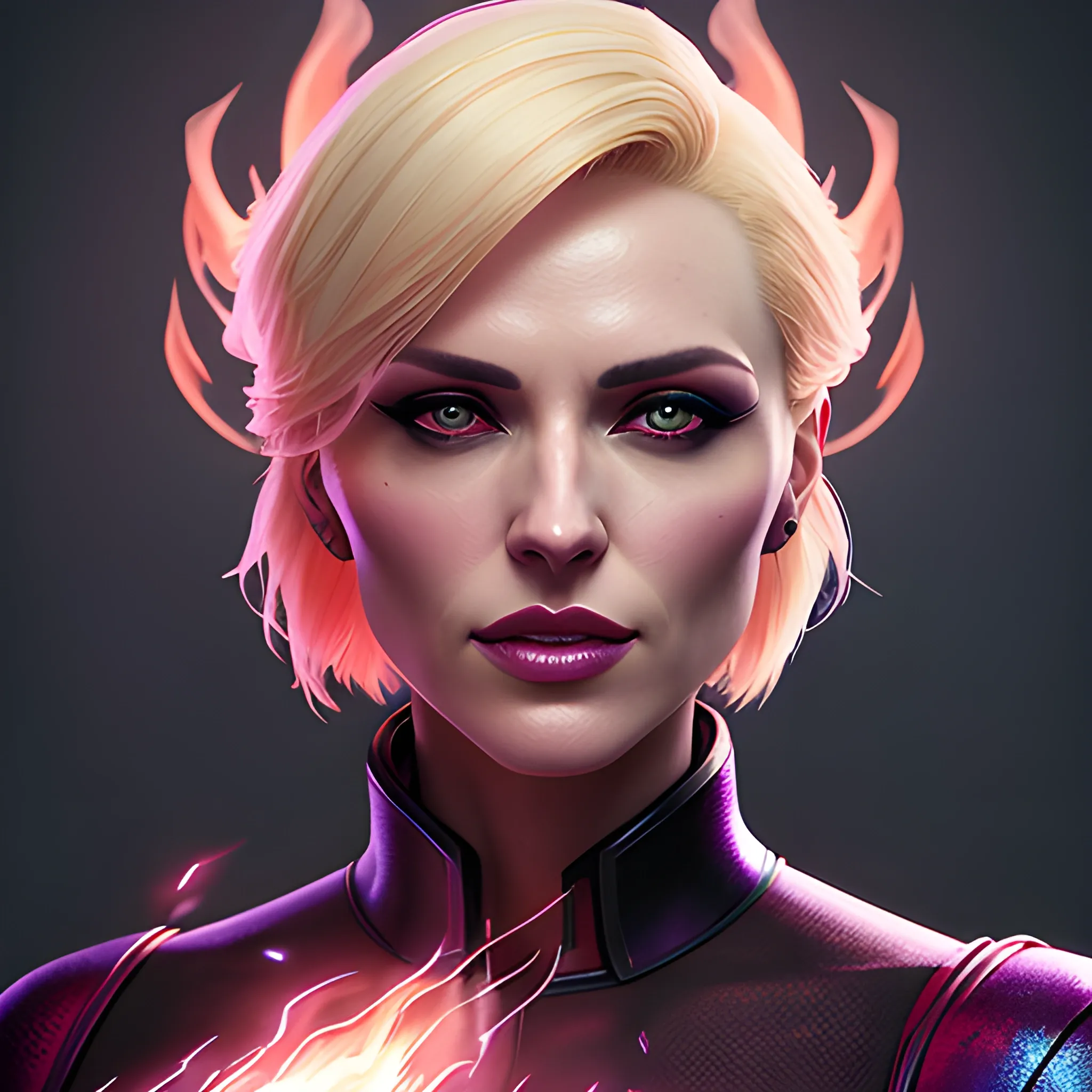 a fancy portrait of a beautiful short-haired blonde young woman in modern clothing covered in purple and red flames by Greg Rutkowski, Sung Choi, Mitchell Mohrhauser, Maciej Kuciara, Johnson Ting, Maxim Verehin, Peter Konig, final fantasy , mythical, 8k photorealistic, cinematic lighting, HD, high details, atmospheric,