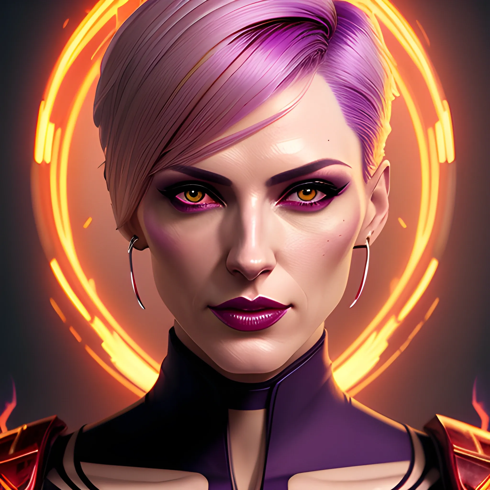 a fancy portrait of a beautiful short-haired blonde young woman in modern clothing covered in purple and red flames by Greg Rutkowski, Sung Choi, Mitchell Mohrhauser, Maciej Kuciara, Johnson Ting, Maxim Verehin, Peter Konig, 8k photorealistic, cinematic lighting, HD, high details, atmospheric,