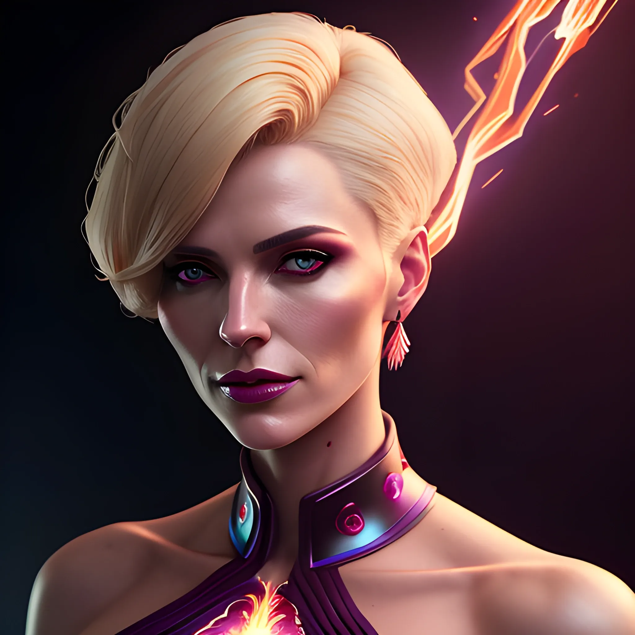 a fancy portrait of a beautiful short-haired blonde young woman in modern clothing covered in purple and red flames by Greg Rutkowski, Sung Choi, Mitchell Mohrhauser, Maciej Kuciara, Johnson Ting, Maxim Verehin, Peter Konig, 8k photorealistic, cinematic lighting, HD, high details, atmospheric,