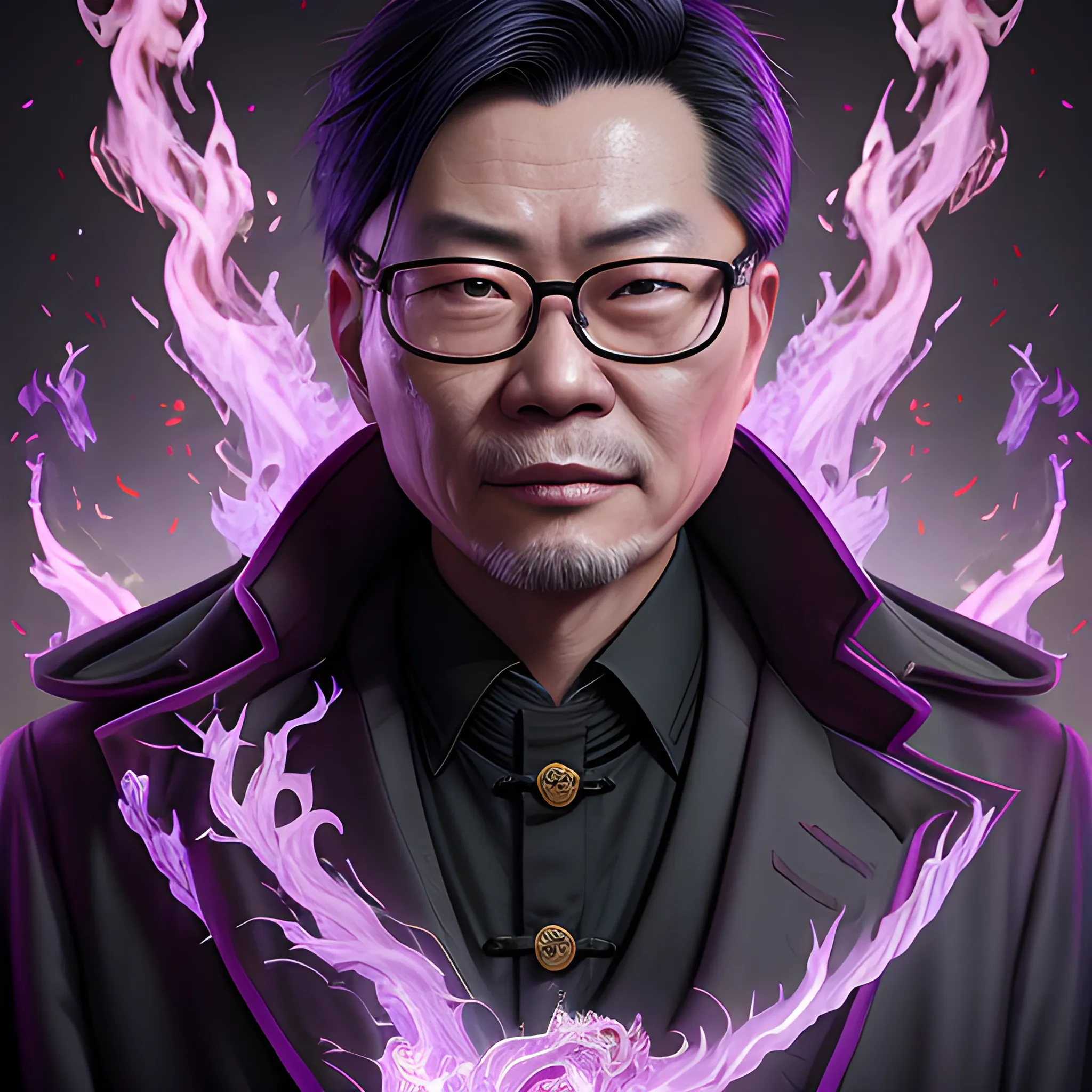 a fancy portrait of a middle-aged Chinese man with glasses in an overcoat covered in purple and black flames with a sword by Greg Rutkowski, Sung Choi, Mitchell Mohrhauser, Maciej Kuciara, Johnson Ting, Maxim Verehin, Peter Konig, 8k photorealistic, cinematic lighting, HD, high details, atmospheric,