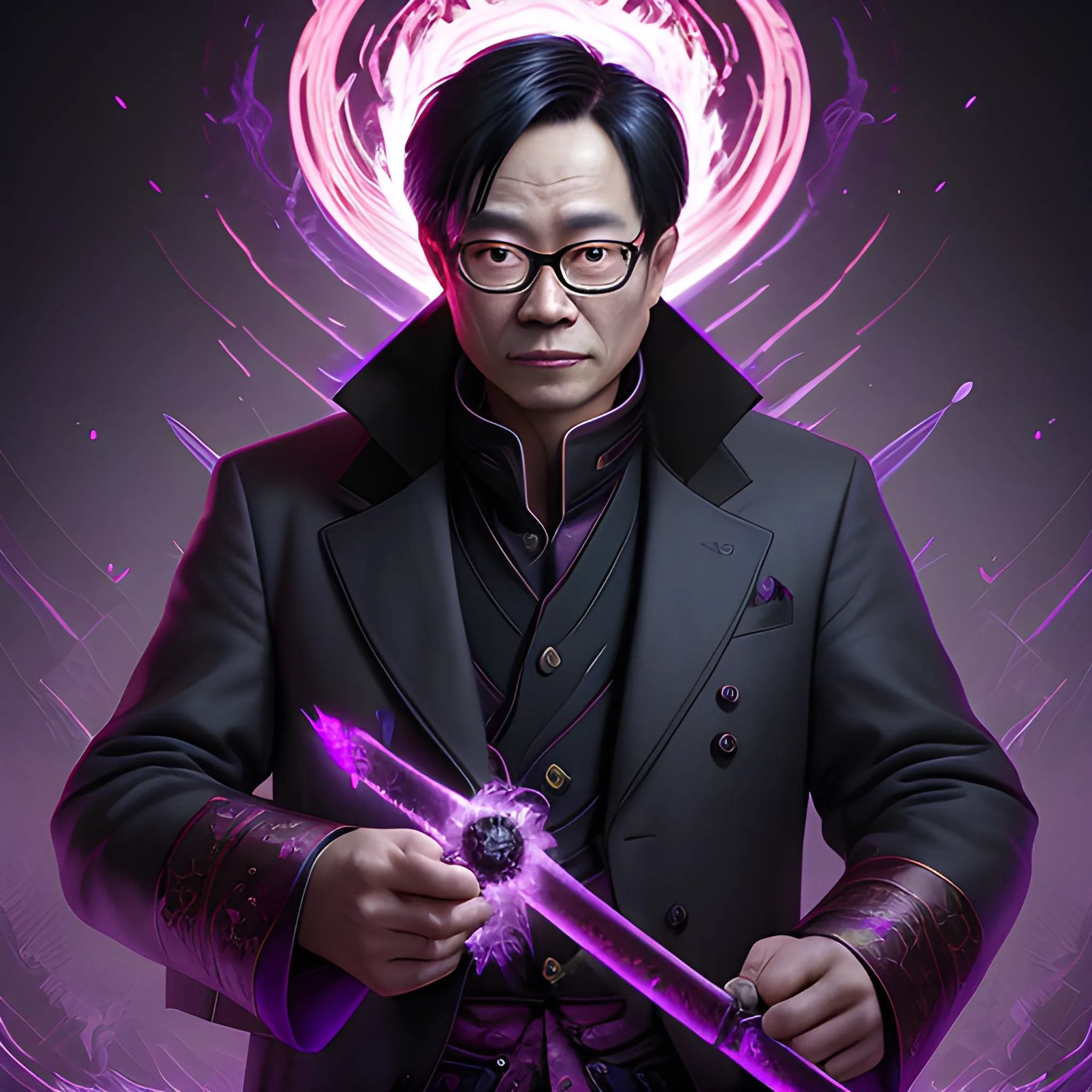 a fancy portrait of a middle-aged Chinese man with glasses in an overcoat covered in purple and black flames with a sword by Greg Rutkowski, Sung Choi, Mitchell Mohrhauser, Maciej Kuciara, Johnson Ting, Maxim Verehin, Peter Konig, 8k photorealistic, cinematic lighting, HD, high details, atmospheric,