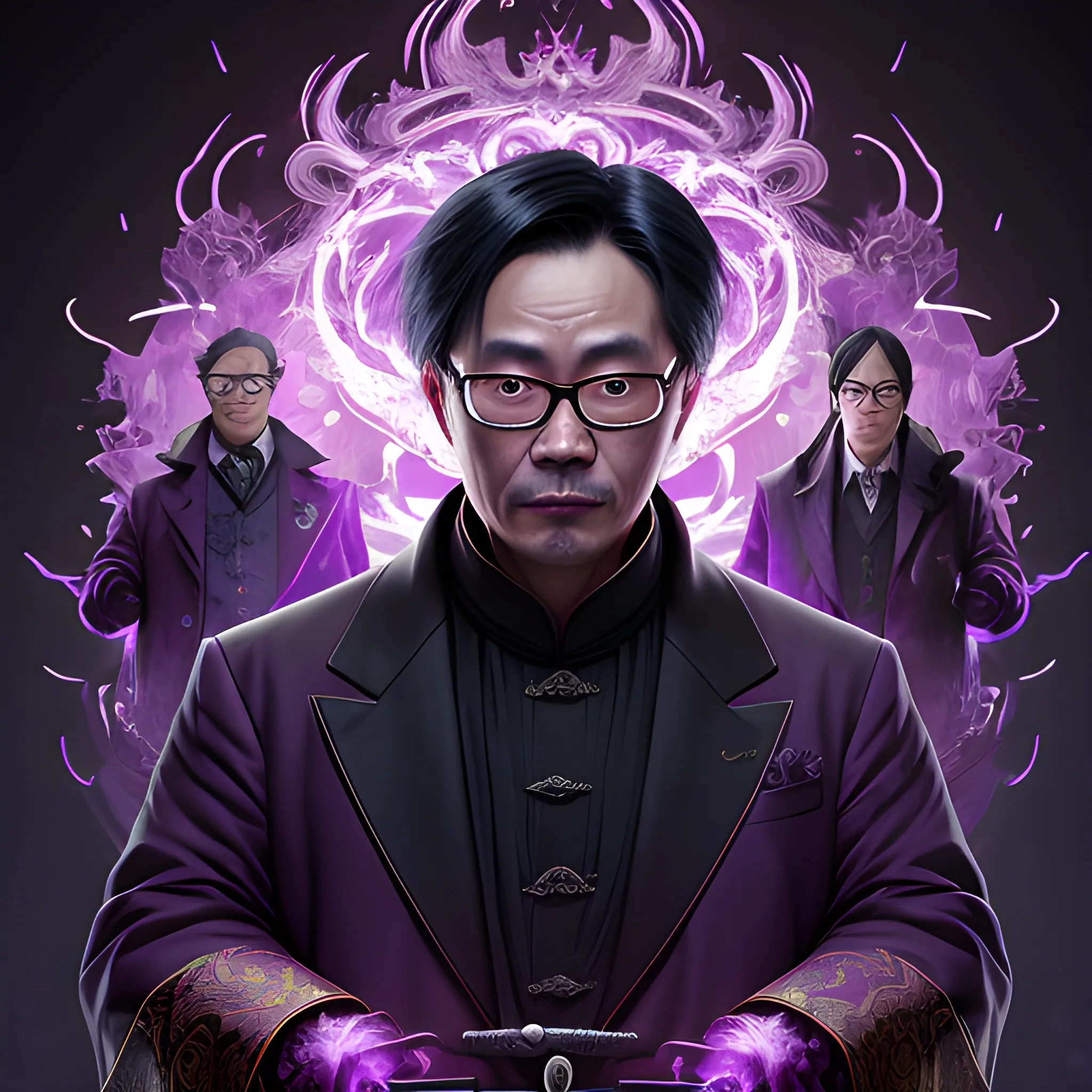 a fancy portrait of a middle-aged Chinese man with glasses in an overcoat covered in purple and black flames with a sword by Greg Rutkowski, Sung Choi, Mitchell Mohrhauser, Maciej Kuciara, Johnson Ting, Maxim Verehin, Peter Konig, 8k photorealistic, cinematic lighting, HD, high details, atmospheric,