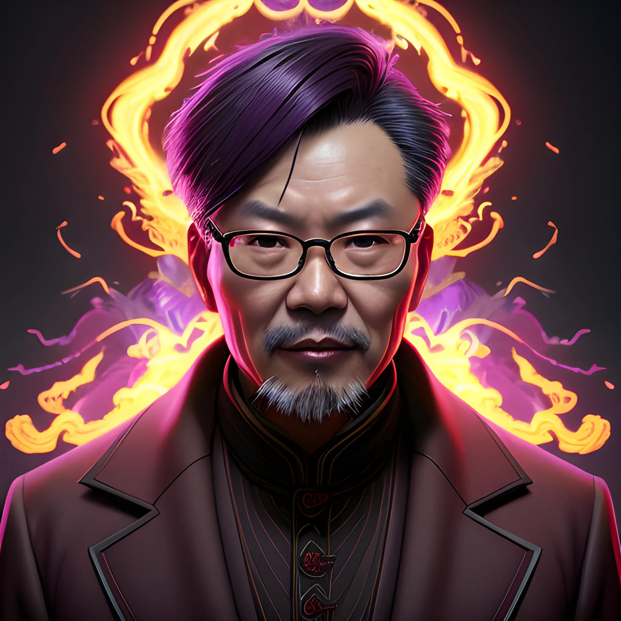 a fancy portrait of a middle-aged Chinese man with glasses in a brown overcoat covered in purple and black flames with a sword by Greg Rutkowski, Sung Choi, Mitchell Mohrhauser, Maciej Kuciara, Johnson Ting, Maxim Verehin, Peter Konig, 8k photorealistic, cinematic lighting, HD, high details, atmospheric,