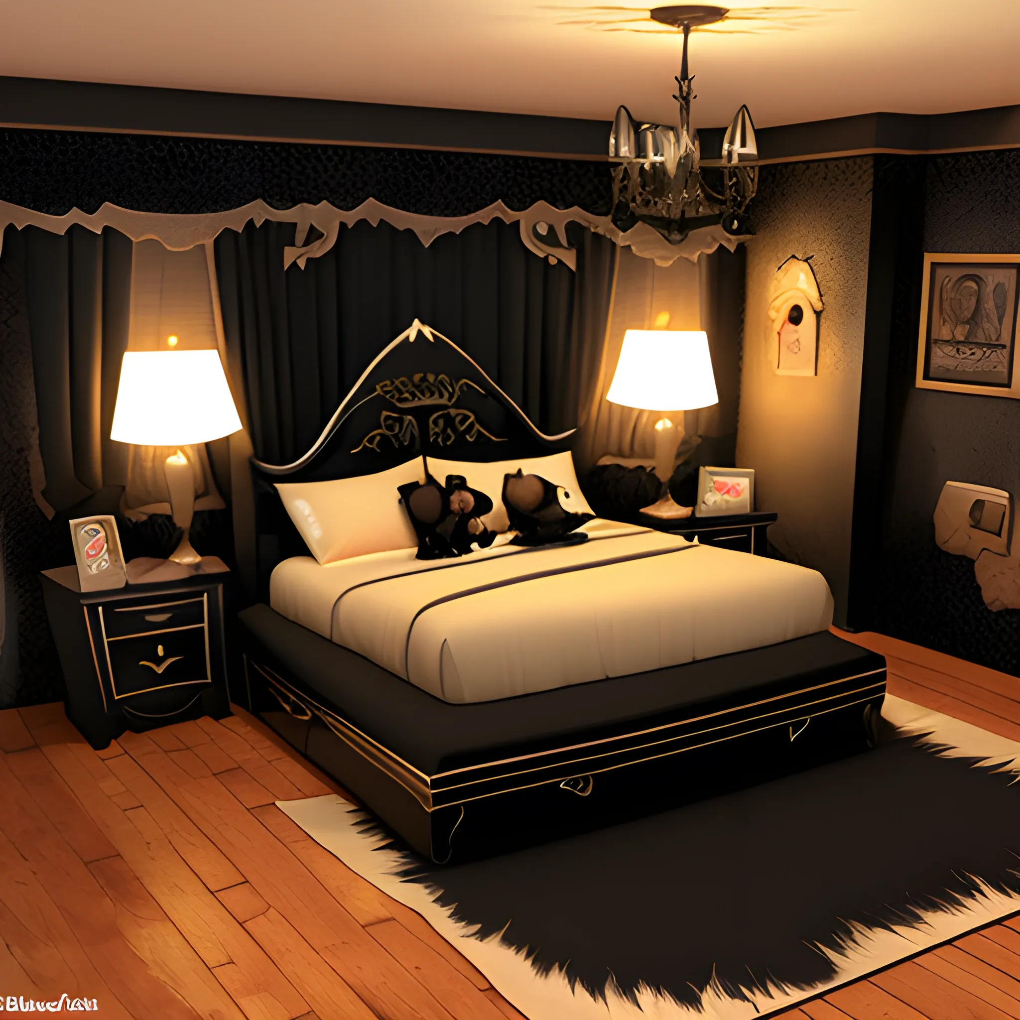 , 3D,, fantasy bedroom, a black cat in the bed