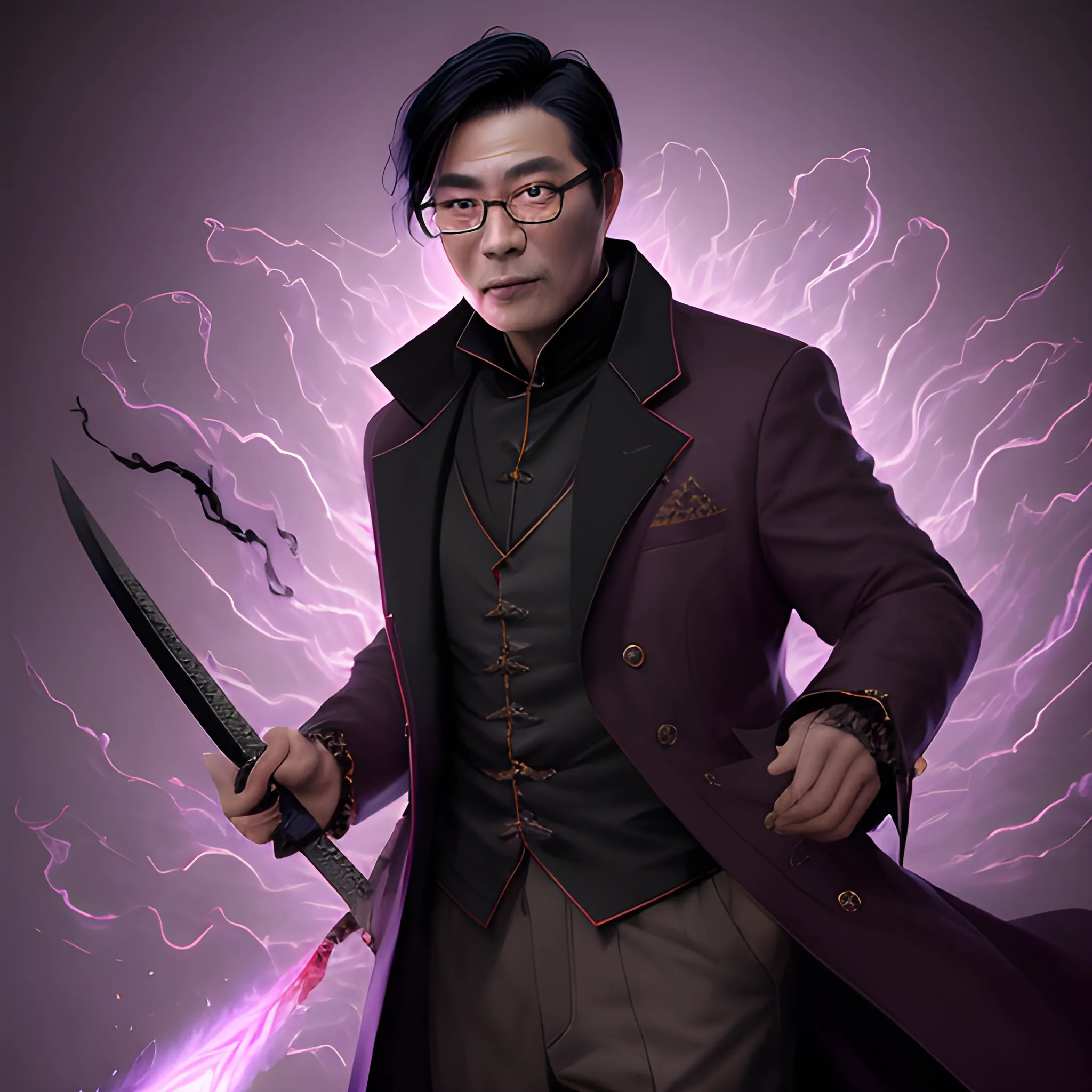 a fancy portrait of a dark-haired middle-aged Chinese man with glasses in a brown overcoat covered in purple and black flames with a sword by Greg Rutkowski, Sung Choi, Mitchell Mohrhauser, Maciej Kuciara, Johnson Ting, Maxim Verehin, Peter Konig, 8k photorealistic, cinematic lighting, HD, high details, atmospheric,