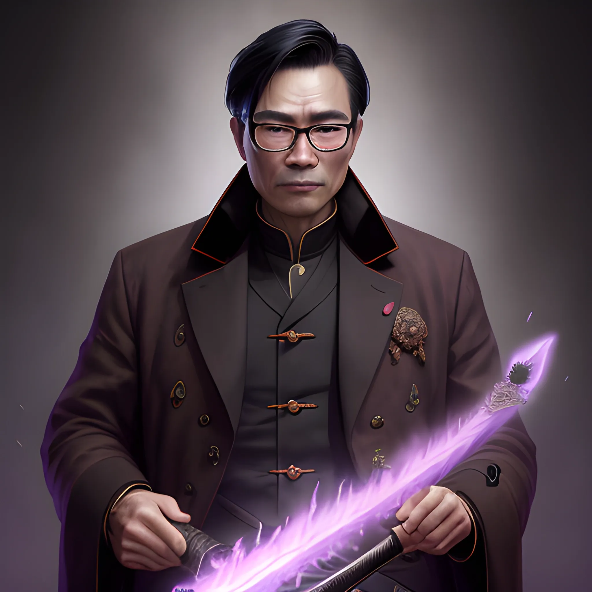 a fancy portrait of a dark-haired middle-aged Chinese man with glasses in a brown overcoat covered in purple and black flames with a sword by Greg Rutkowski, Sung Choi, Mitchell Mohrhauser, Maciej Kuciara, Johnson Ting, Maxim Verehin, Peter Konig, 8k photorealistic, cinematic lighting, HD, high details, atmospheric,