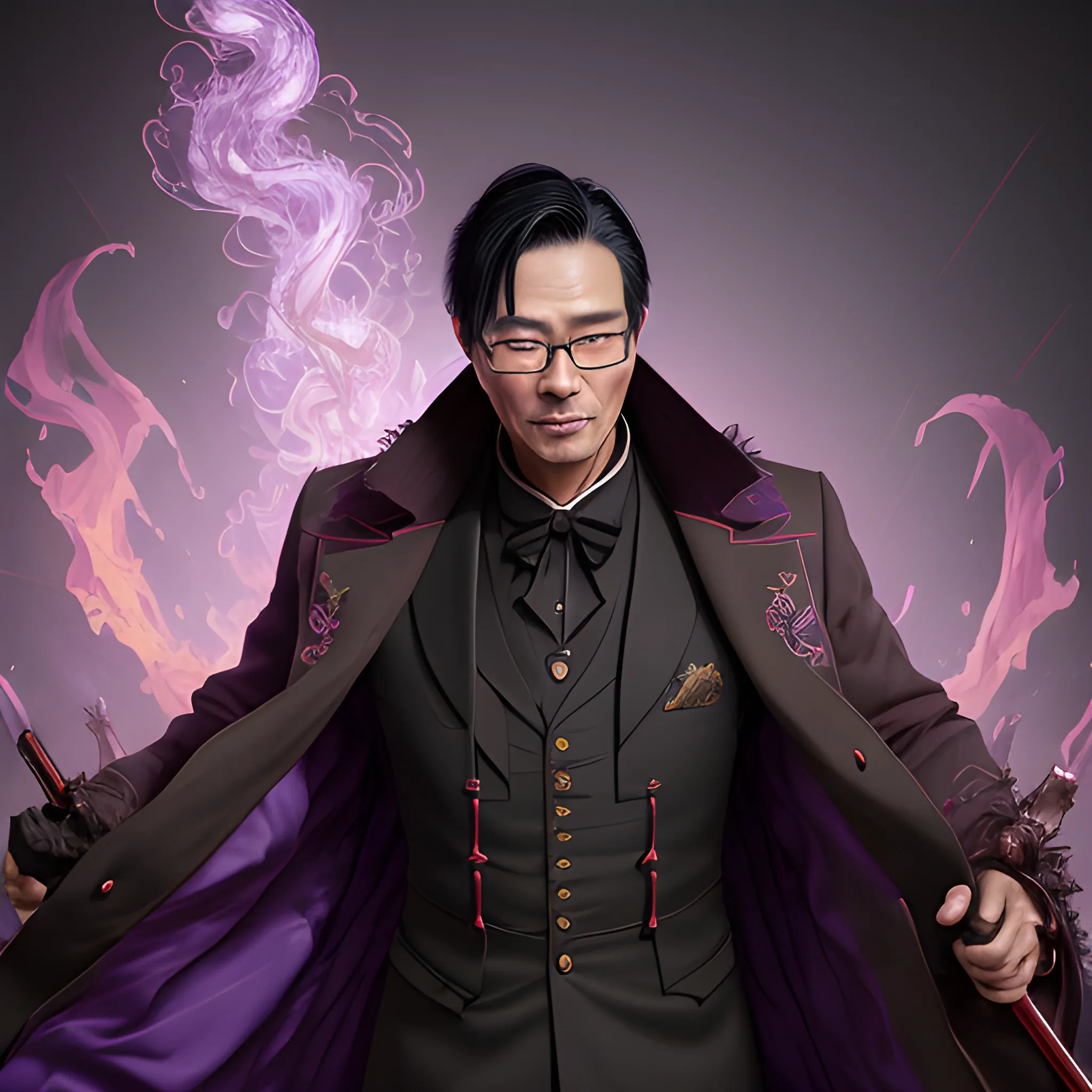 a fancy portrait of a dark-haired middle-aged Chinese man with glasses in a brown overcoat covered in purple and black flames with a sword by Greg Rutkowski, Sung Choi, Mitchell Mohrhauser, Maciej Kuciara, Johnson Ting, Maxim Verehin, Peter Konig, 8k photorealistic, cinematic lighting, HD, high details, atmospheric,