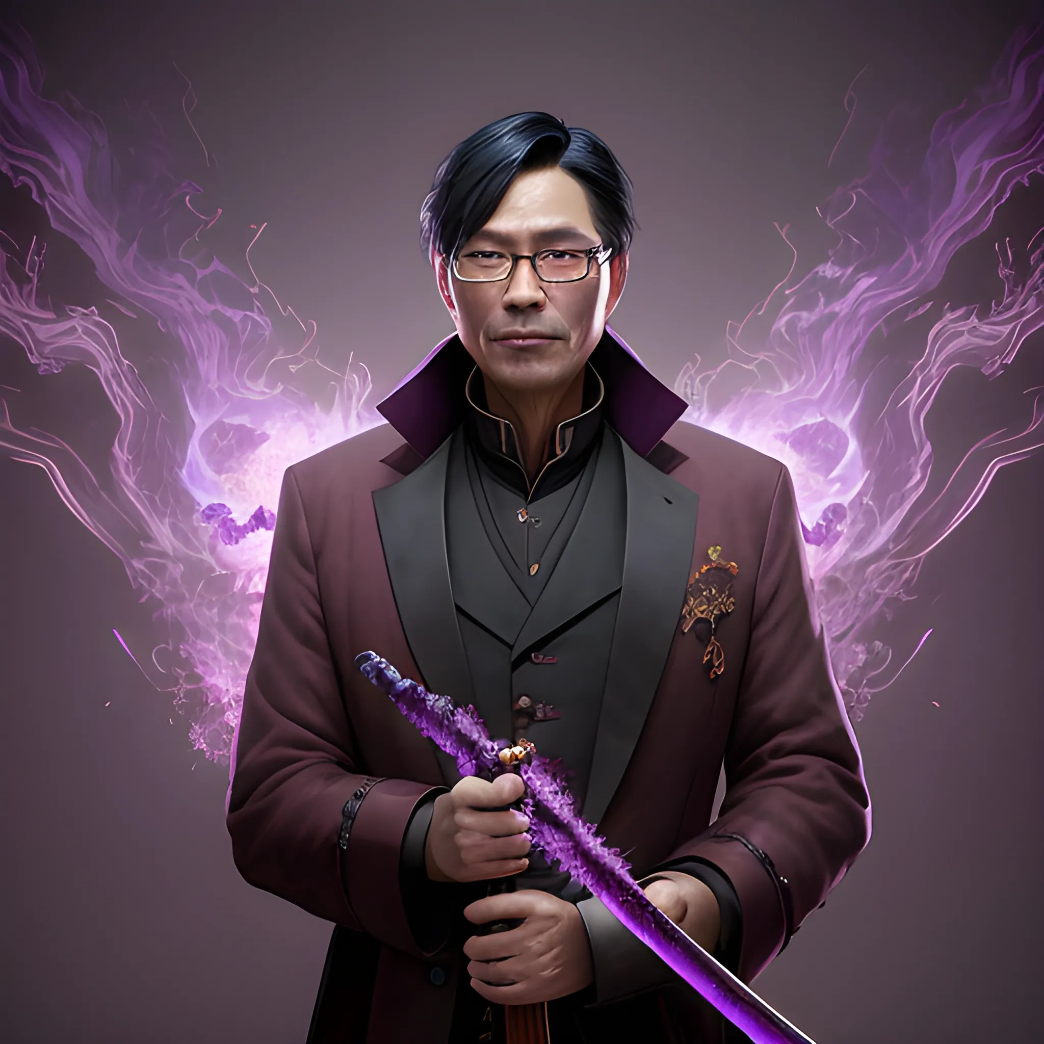 a fancy portrait of a dark-haired middle-aged Chinese man with glasses in a brown overcoat covered in purple and black flames with a sword by Greg Rutkowski, Sung Choi, Mitchell Mohrhauser, Maciej Kuciara, Johnson Ting, Maxim Verehin, Peter Konig, 8k photorealistic, cinematic lighting, HD, high details, atmospheric,