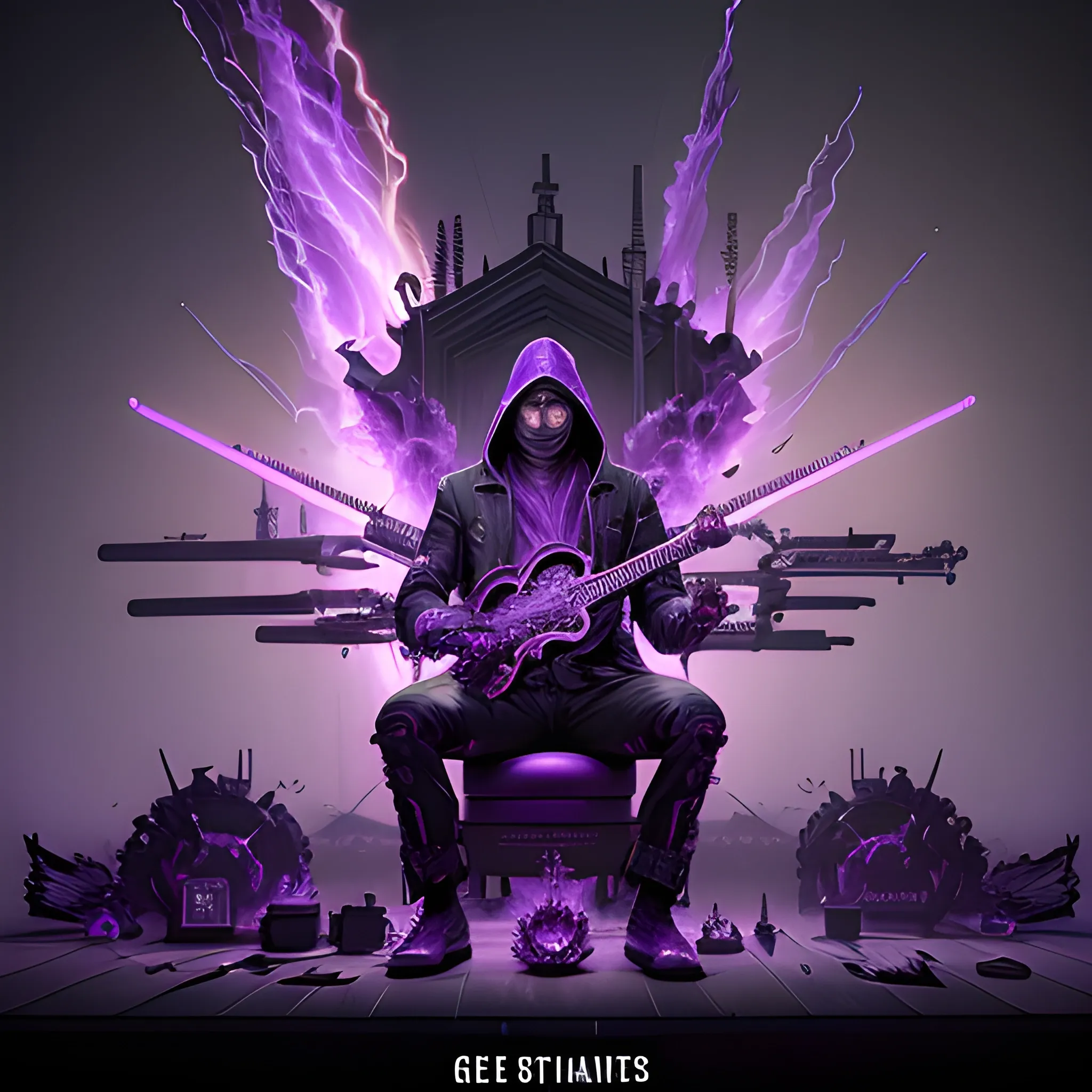 the phrase "The Instruments of Death" covered in purple and black flames  by Greg Rutkowski, Sung Choi, Mitchell Mohrhauser, Maciej Kuciara, Johnson Ting, Maxim Verehin, Peter Konig, 8k photorealistic, cinematic lighting, HD, high details, atmospheric,