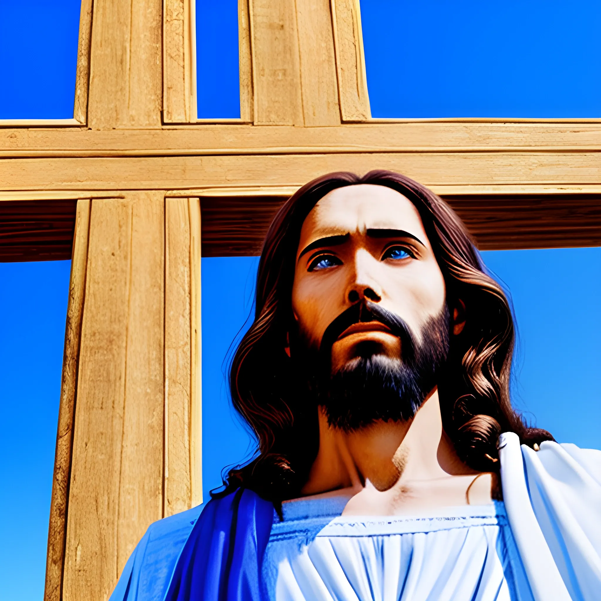 photo of Jesus chist at the cross with a blue sky as a fond
