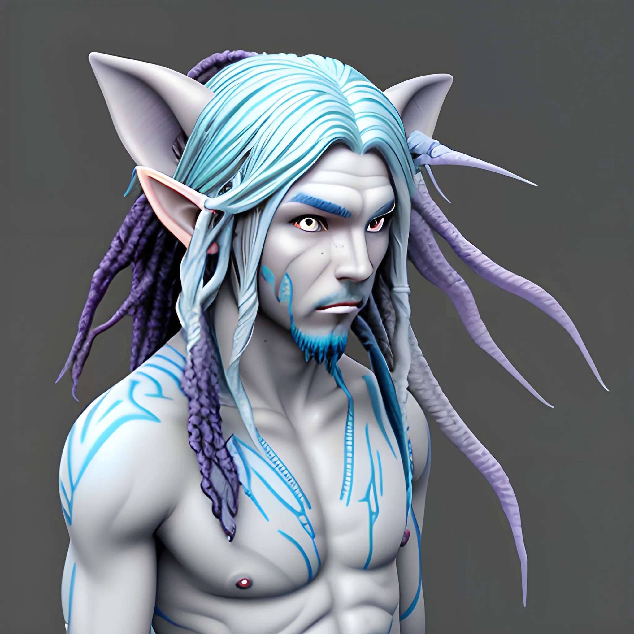 Water elf with light blue skin, purple eyes, Blue dread hair, 