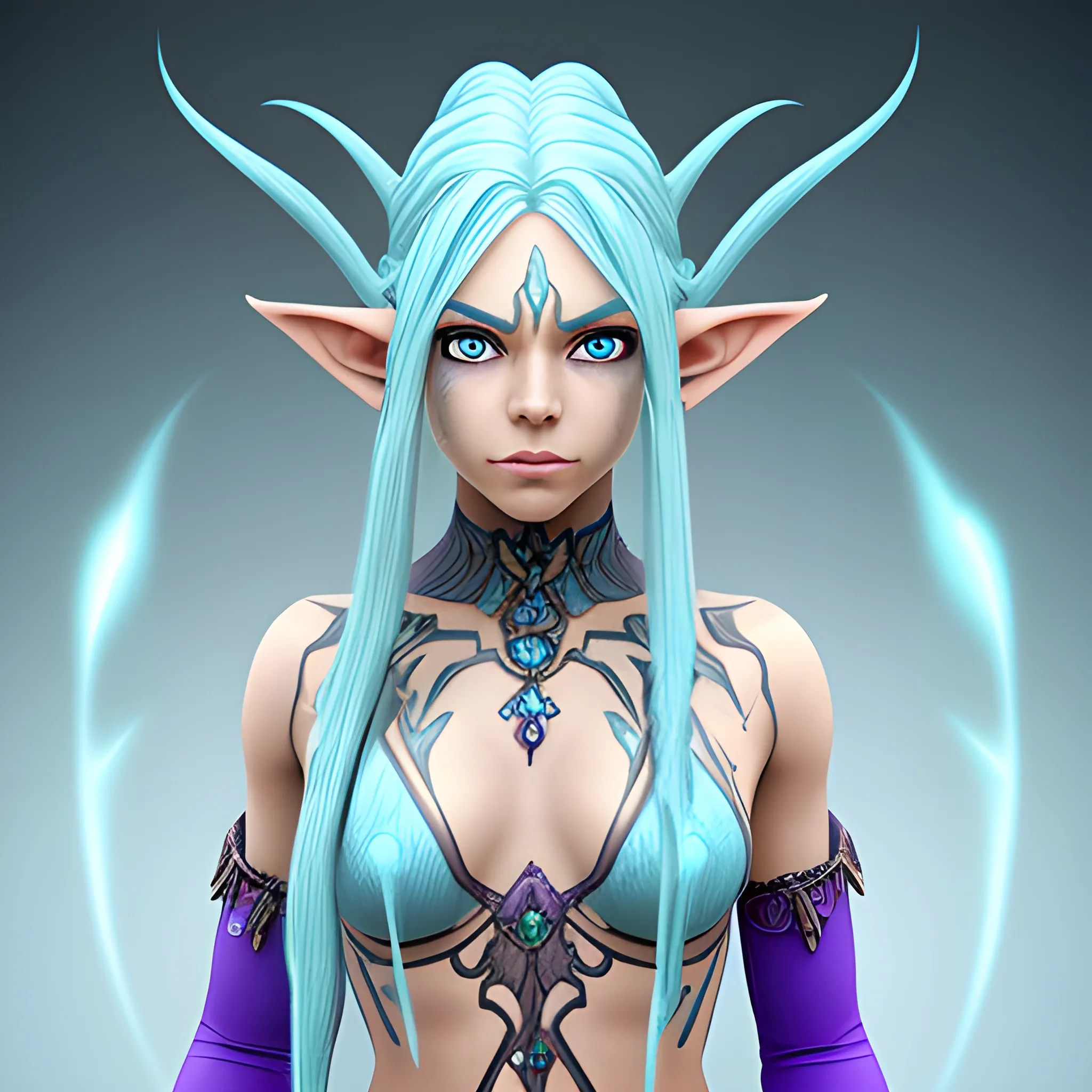 Water female 
elf with light blue skin, purple eyes, Blue dread hair, 