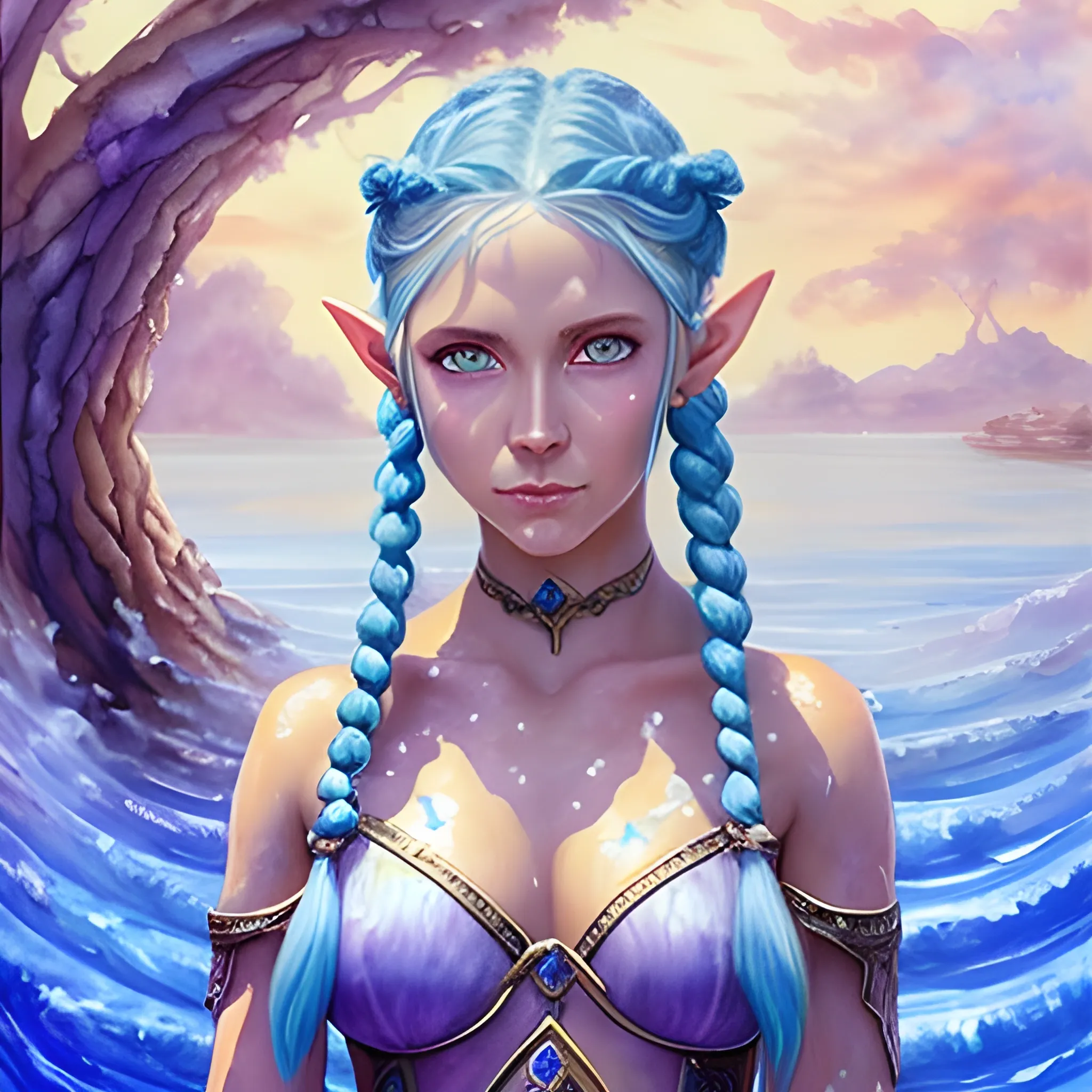 Water female 
elf with light blue skin, purple eyes, Blue braided hair, oil painting
, Water Color