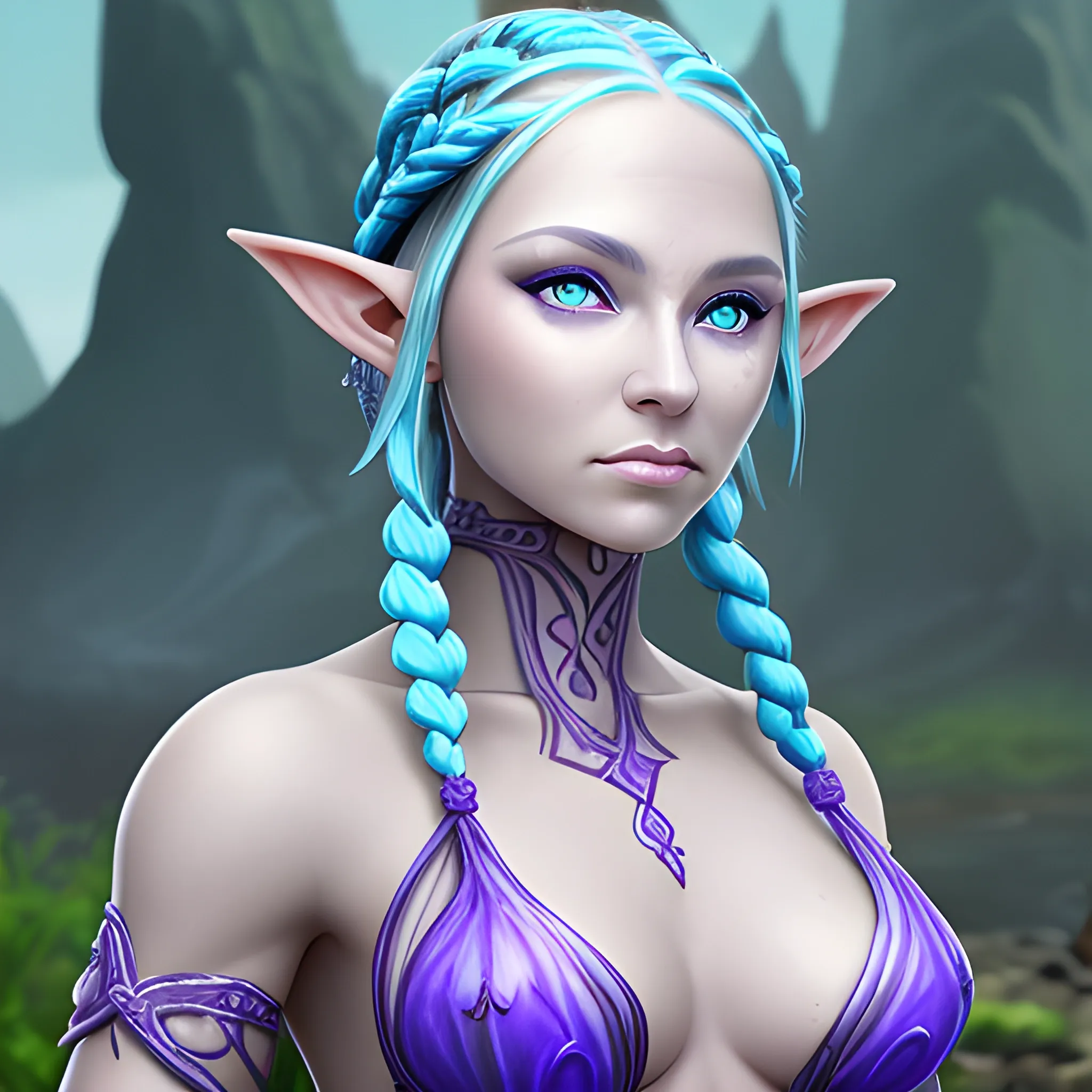 Water female 
elf with light blue skin, purple eyes, Blue braided hair, oil 