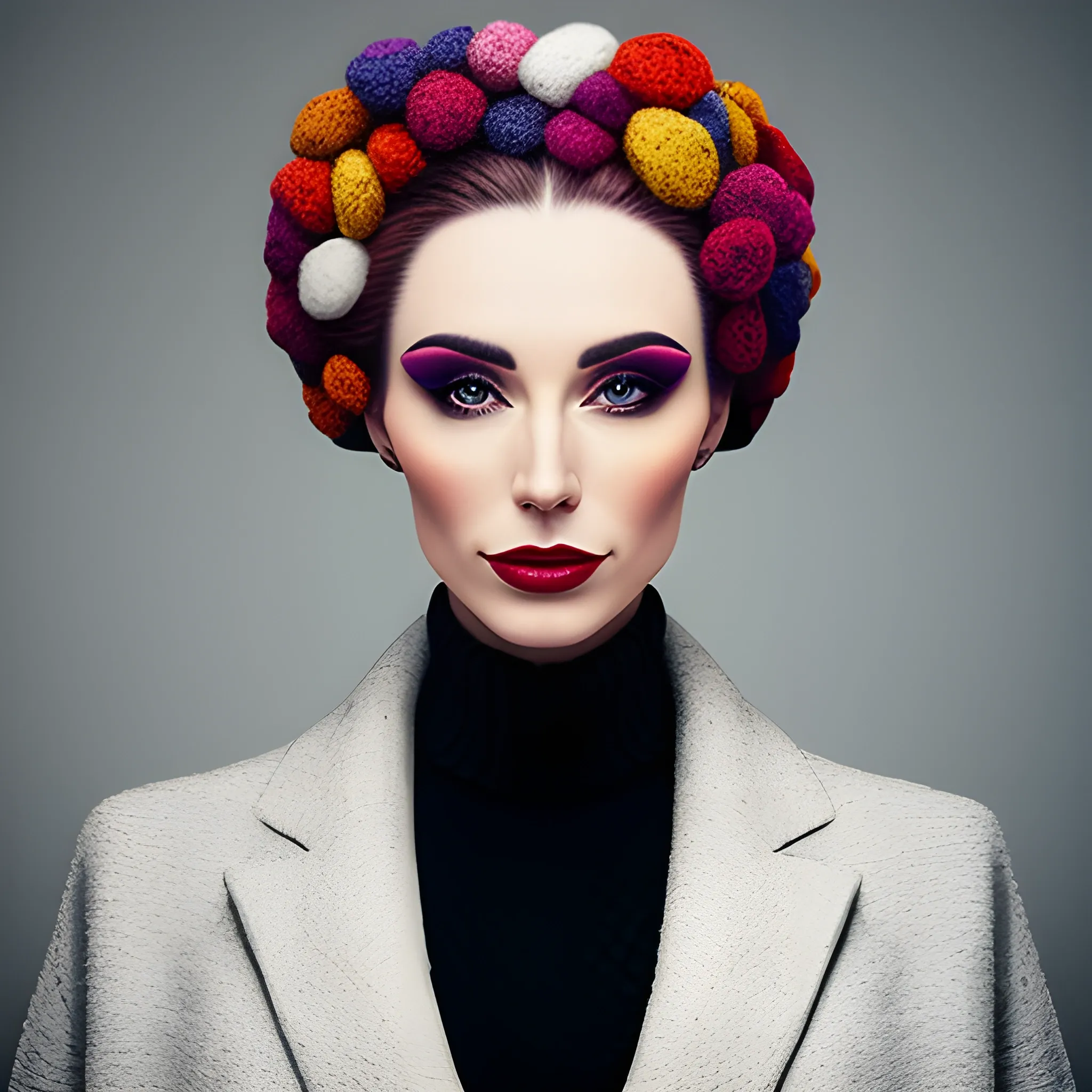 Portrait of a beautiful girl in a very large wool coat knitted with an abstract pattern and a large flower on her head, photography style