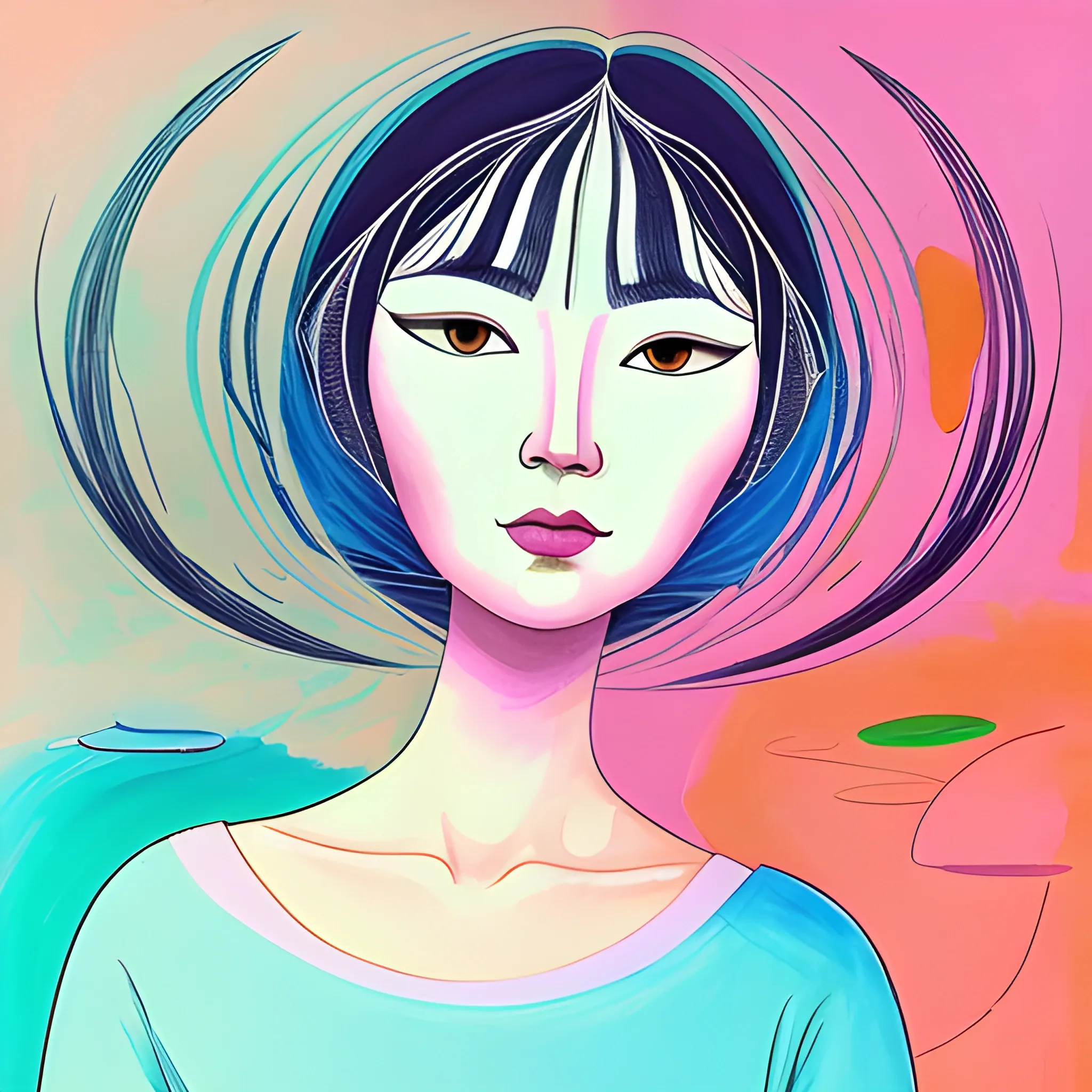 Asian women, pastel colors, simple outline style, art by Jenny Cara, pyotr konchalovsky gestural calligraphy, Cartoon, Trippy, Oil Painting, Cartoon, 3D, Cartoon, Water Color