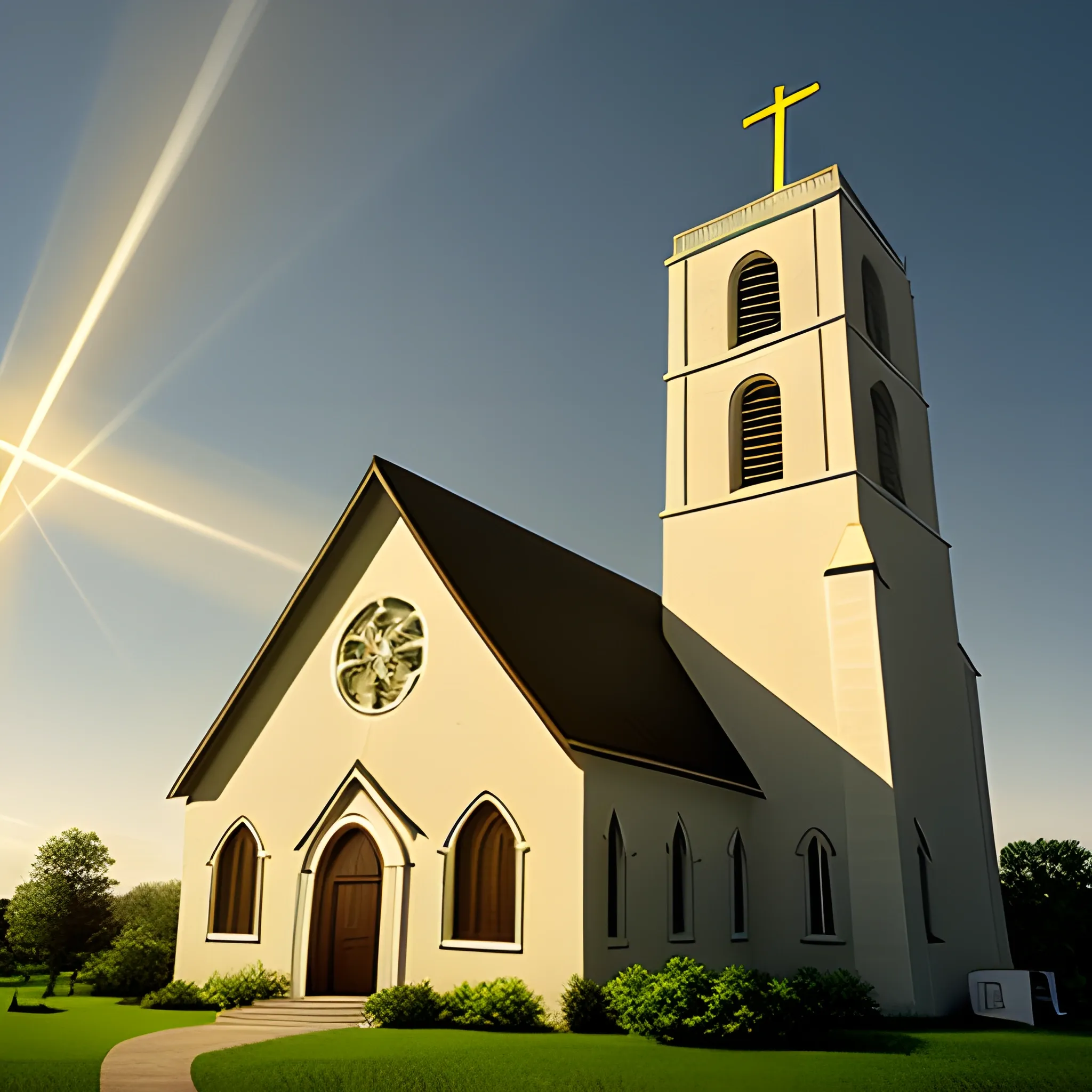 church with sun rays iluminatingthe cross at the top ot the tower. 