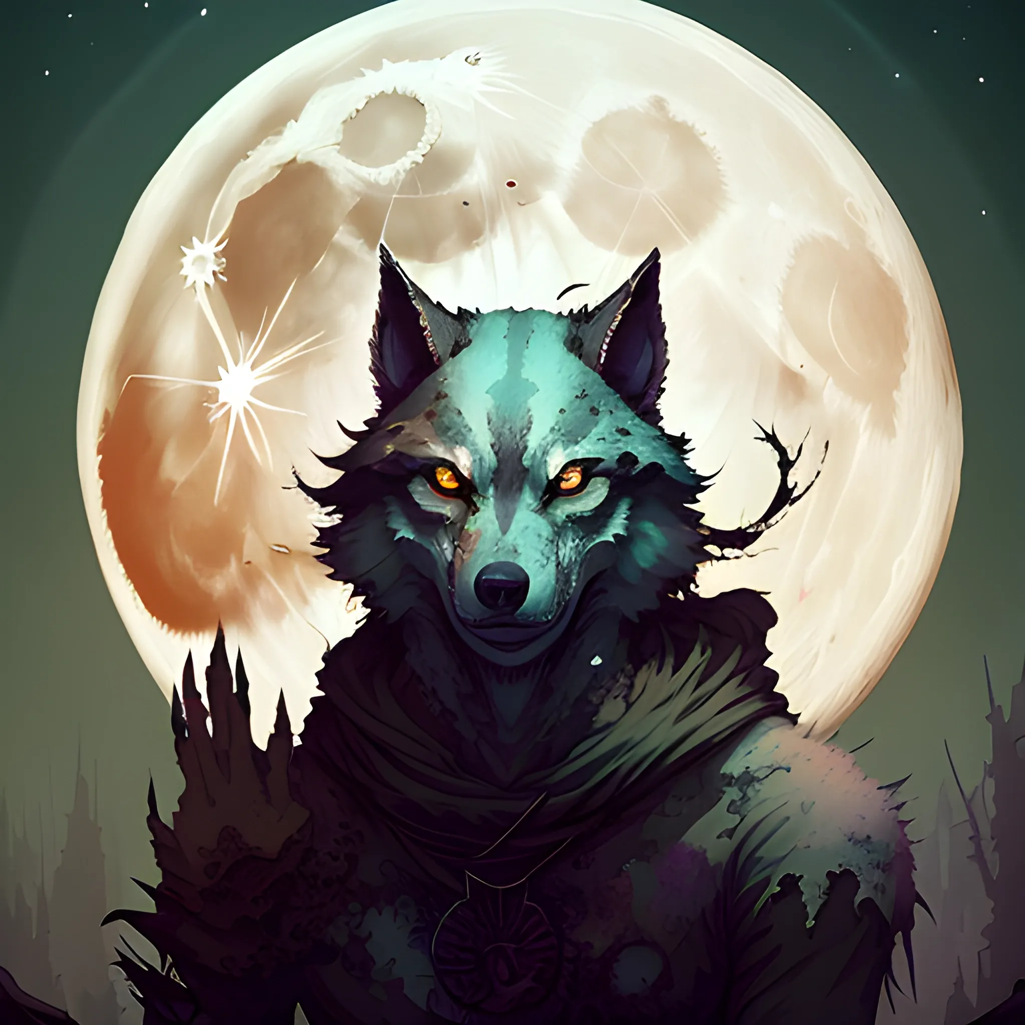 The werewolf, completing their transformation as the moon rises in the background. You can see the tattered remains of their clothes 
The portrait also incorporates elements of Petros Afshar ethereal subjects and psychedelic paint brush strokes similar to those of (Peter Mohrbacher)
