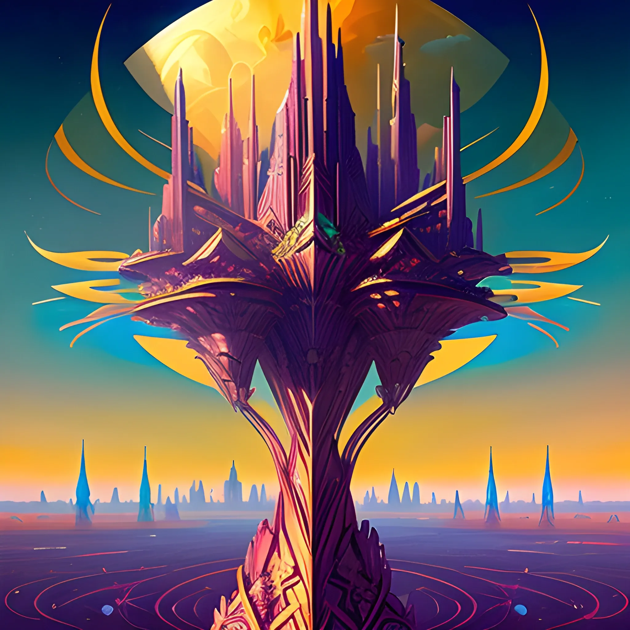 A crystal city in the distance, spires looming at odd angles. A strange looking tree nearby. Geometric looking pods in the air, golden sunset +  photometer + Cloud iridescence,  Psychedelic paint brush strokes similar to those of (Karol Bak) by Paul Lehr and Tom Bagshaw