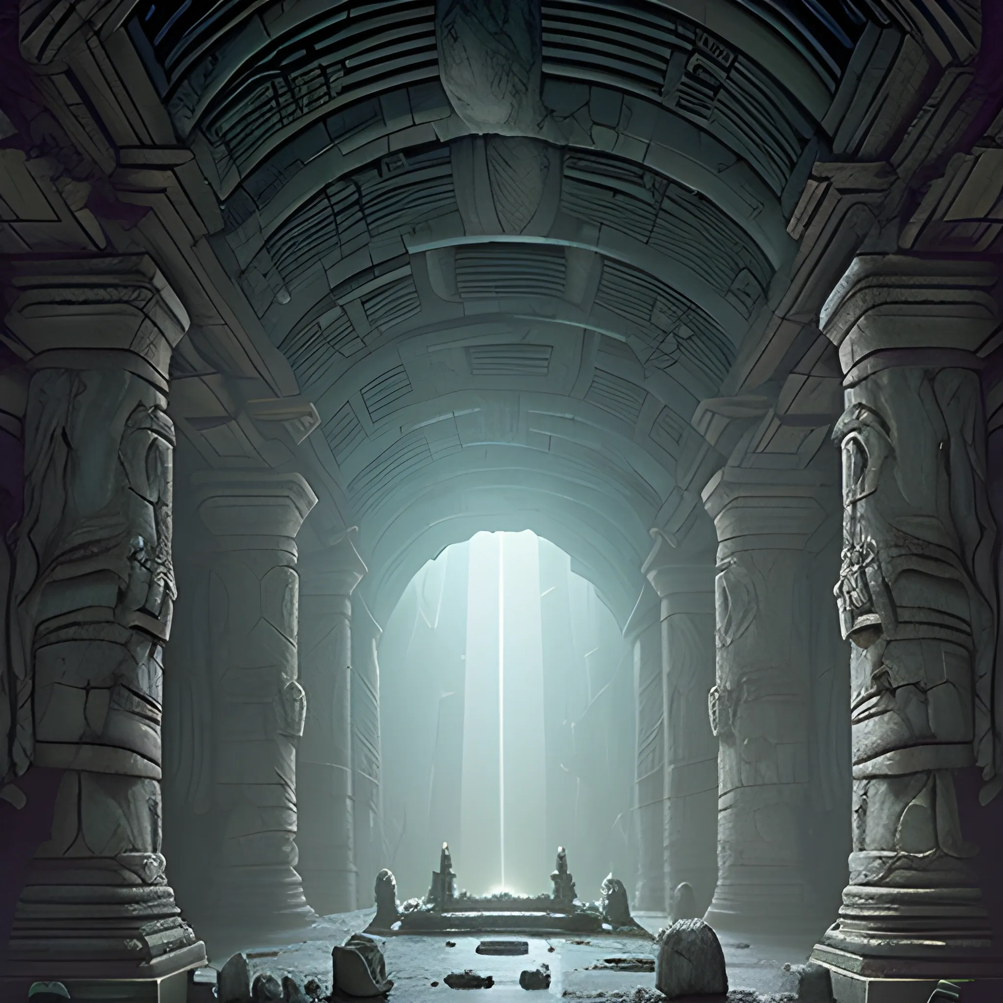 huge hallway of an alien altar in cave, flanked by rows of stone sarcophagus and ruined alien statues, a detailed matte painting by ridley scott, cgsociety, post apocalyptic interior, frame from prometheus movie