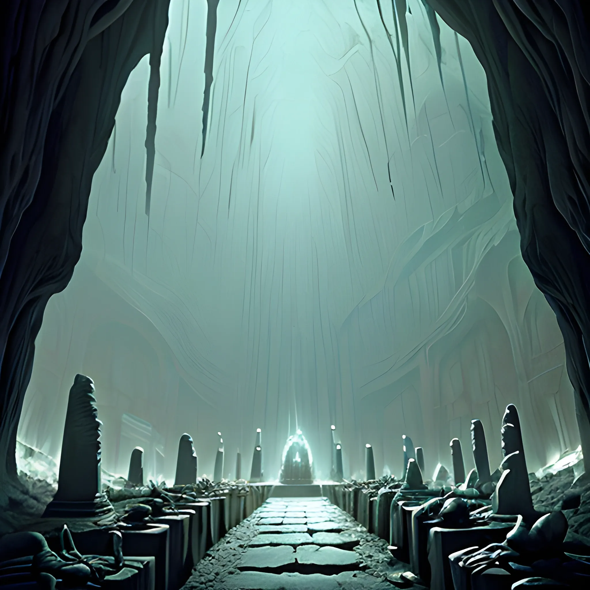 huge dark hallway of an alien altar in cave, lined by rows of stone sarcophagus and ruined alien statues, a detailed matte painting by ridley scott, stalactites, cgsociety, post apocalyptic interior, frame from prometheus movie