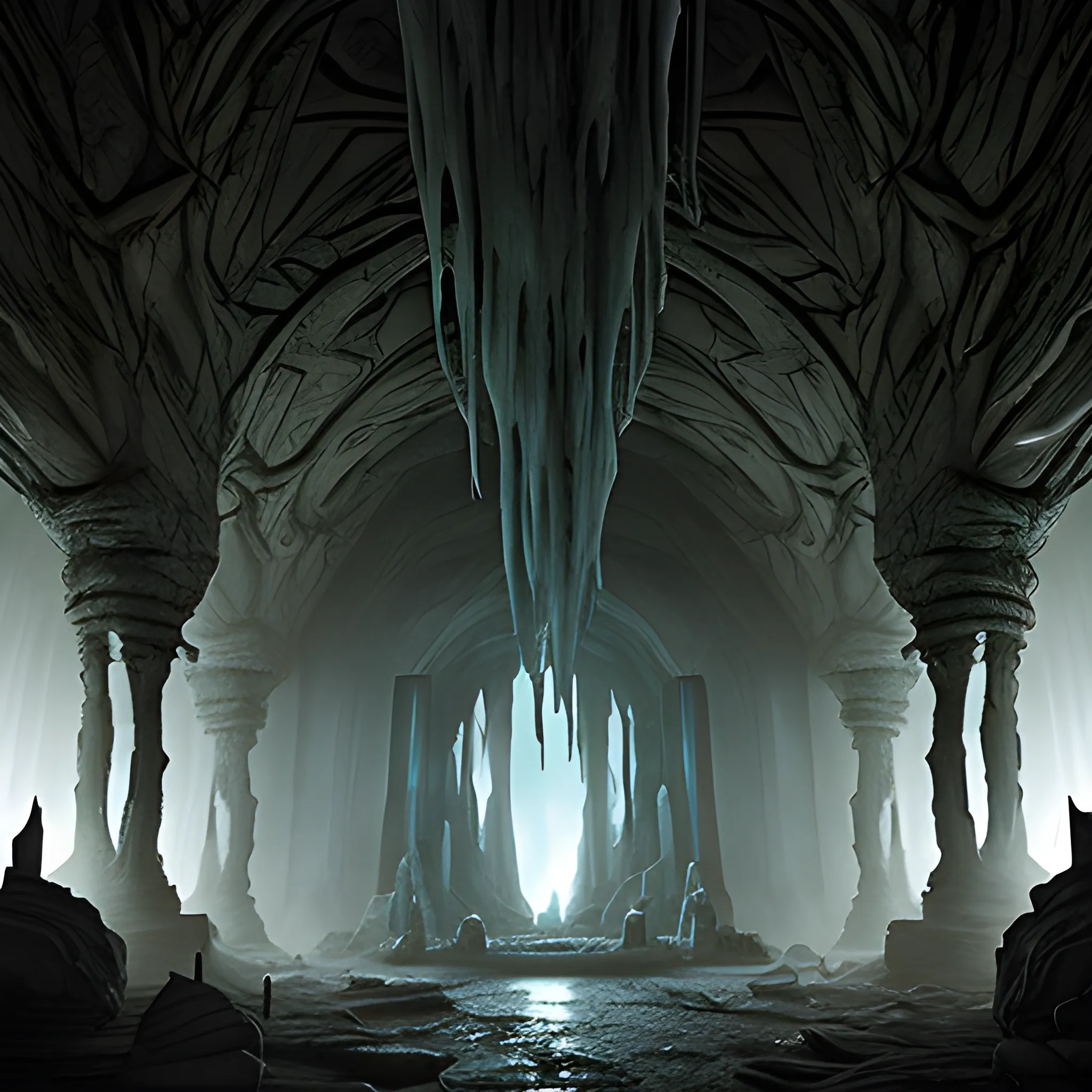 dark hallway of an alien altar in cave, lined by rows of huge stone sarcophagus and huge ruined alien statues, a detailed matte painting by ridley scott, stalactites, cgsociety, post apocalyptic interior, frame from prometheus movie