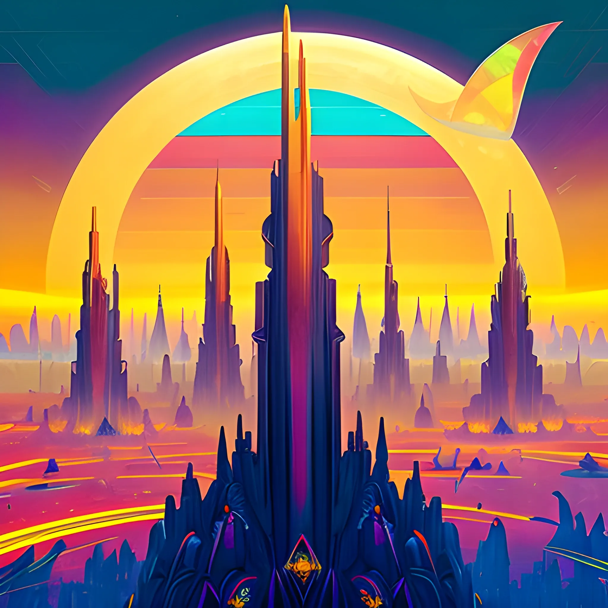 A crystal city in the distance, spires looming at odd angles. A strange looking city. Geometric looking pods in the air, golden sunset +  photometer + iridescence clouds in the sky, Psychedelic paint brush strokes + two moons in the sky similar to those of (Karol Bak) by Paul Lehr and Sandro Botiicelli