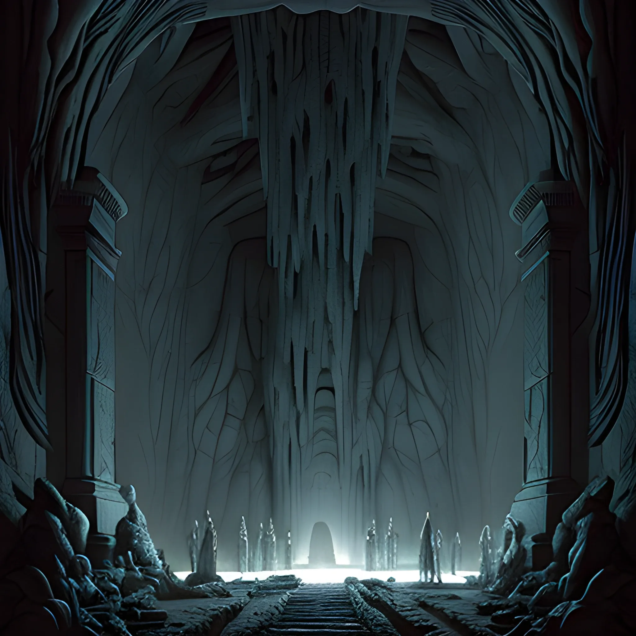 dark hallway of an alien altar in cave, lined by rows of huge stone sarcophagus and huge alien statues, a detailed matte painting by ridley scott, stalactites, cgsociety, post apocalyptic interior, frame from prometheus movie