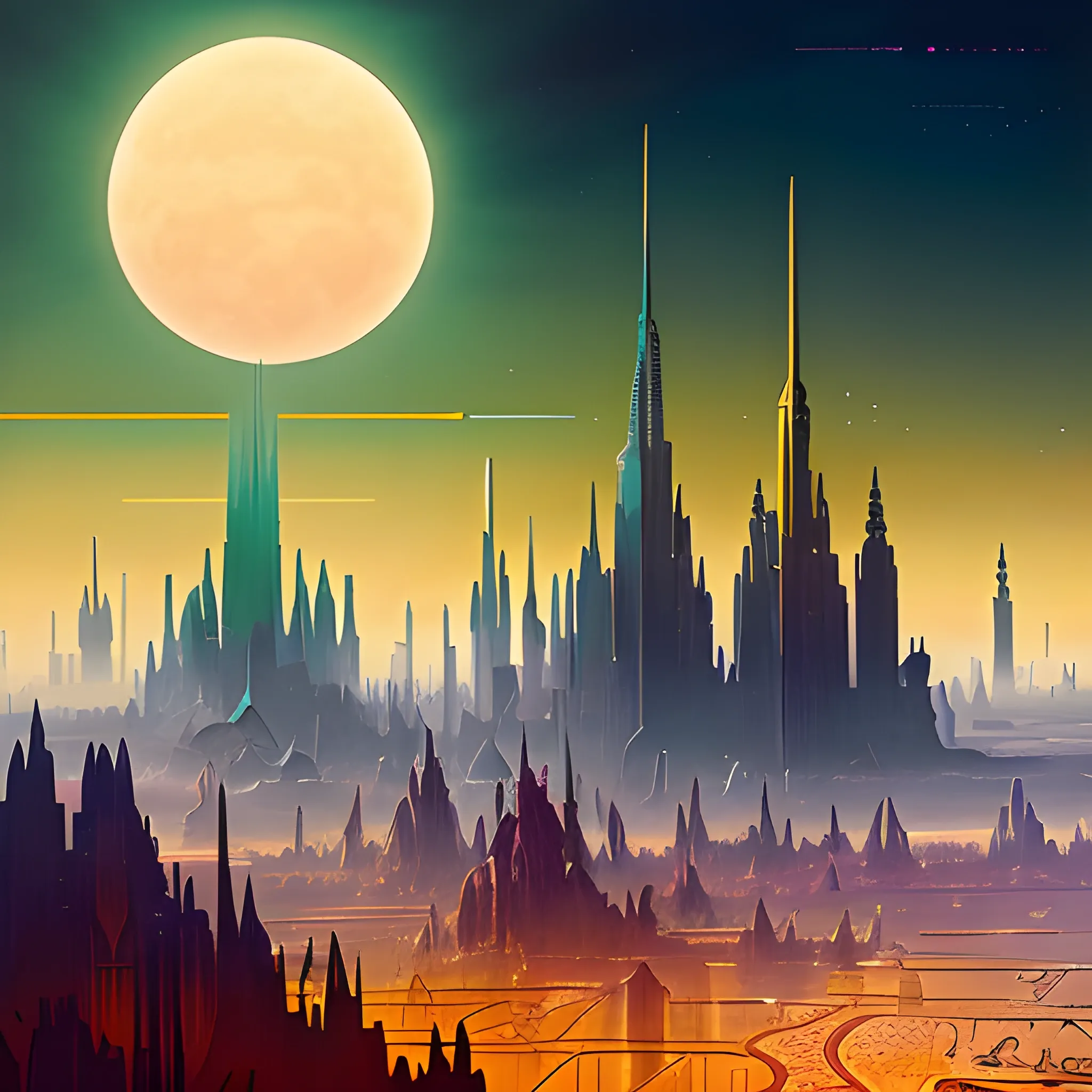 A crystal city in the distance, spires looming at odd angles. A strange looking city. Neutral colour gradient, Geometric looking pods in the air, golden sunset +  photometer + iridescence clouds in the sky, Gothic paint brush strokes + two moons in the sky similar to those of (Karol Bak) by Paul Lehr and (Sandro Botiicelli)