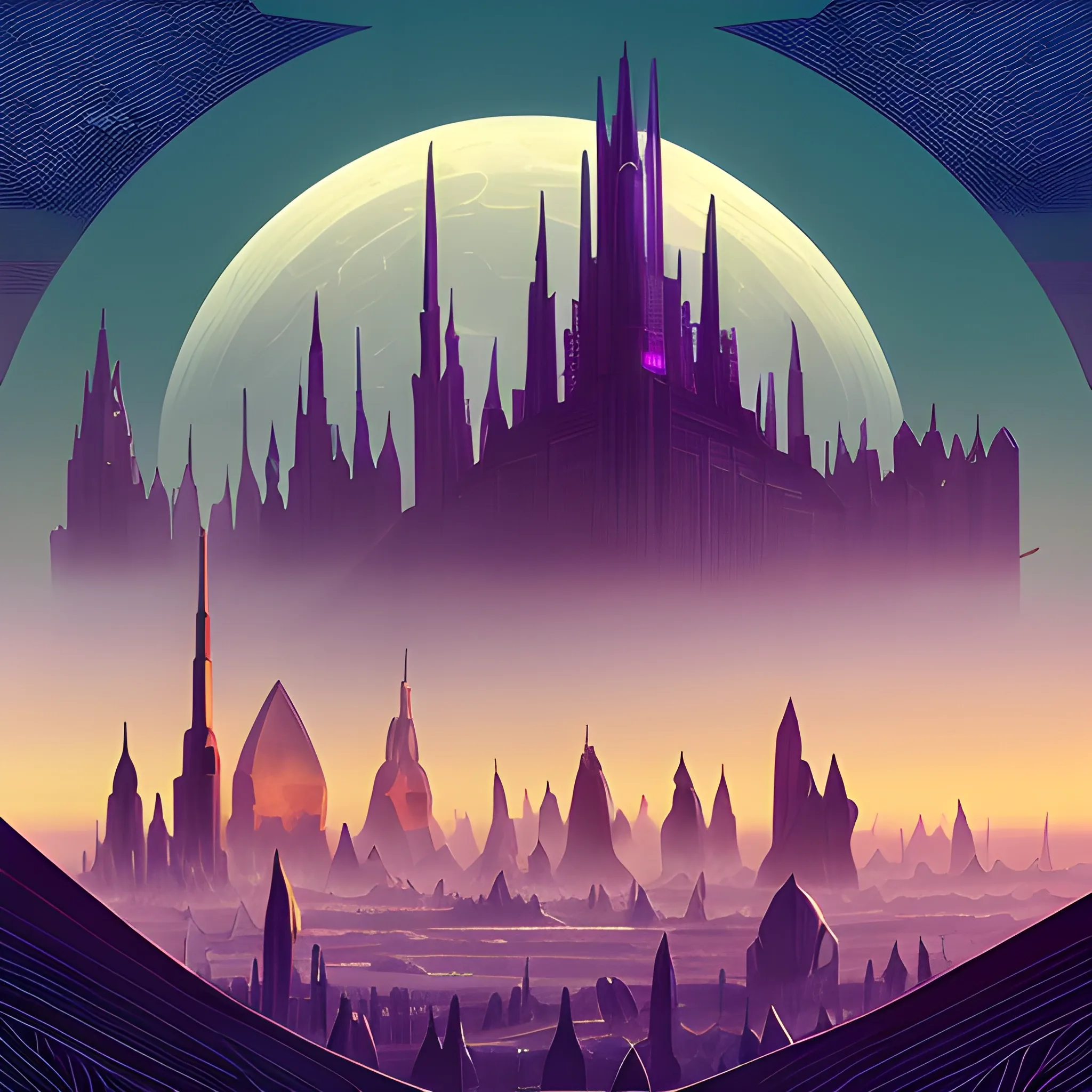 A crystal city in the distance, spires looming at odd angles. A strange looking city. Neutral colour gradient, Geometric looking pods in the air, golden sunset +  photometer + iridescence clouds in the sky, Gothic paint brush strokes + [two moons in the sky : 1.4], similar to those of (Karol Bak) by Paul Lehr and (Sandro Botiicelli)