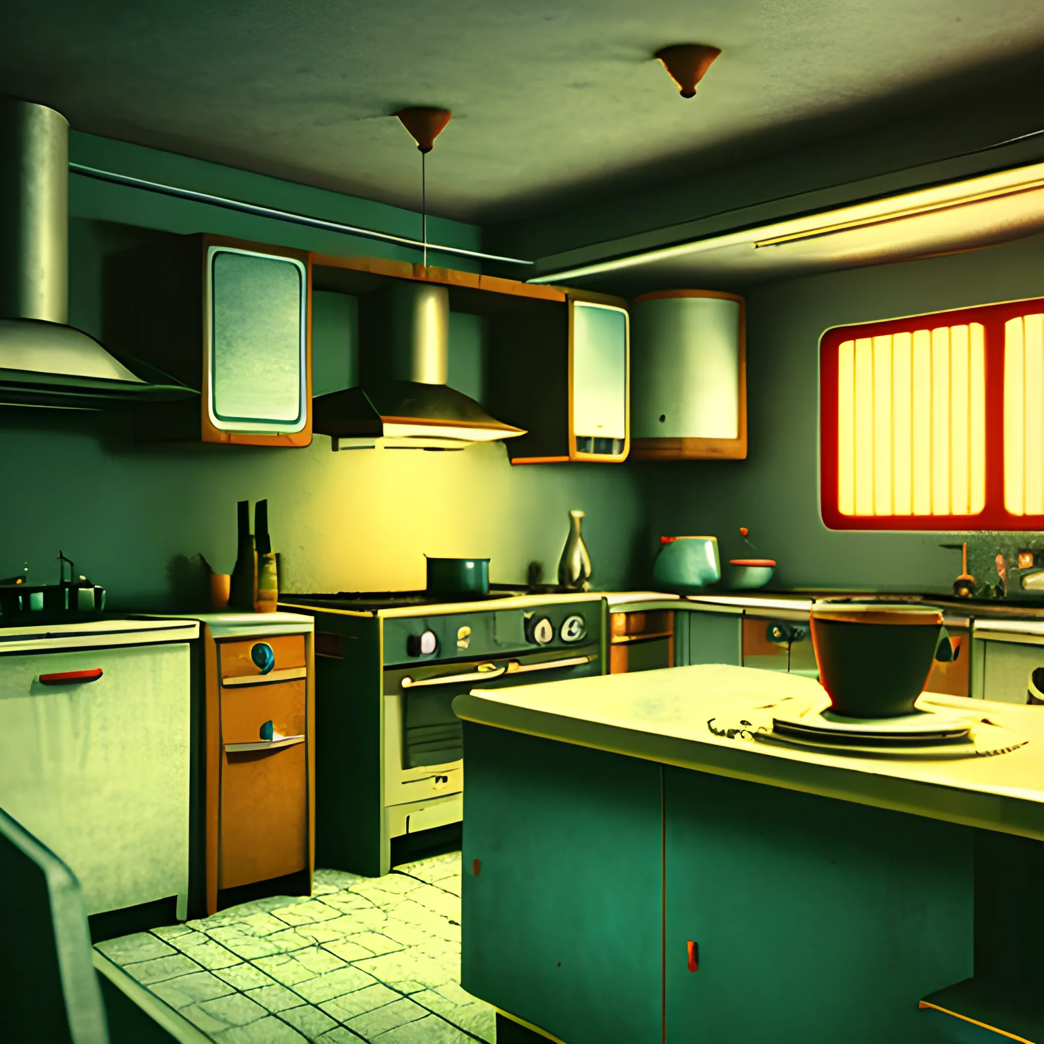 Kitchen, fancy dinner, retro futuristic, highly detailed, realistic, sovietism, 4k 
