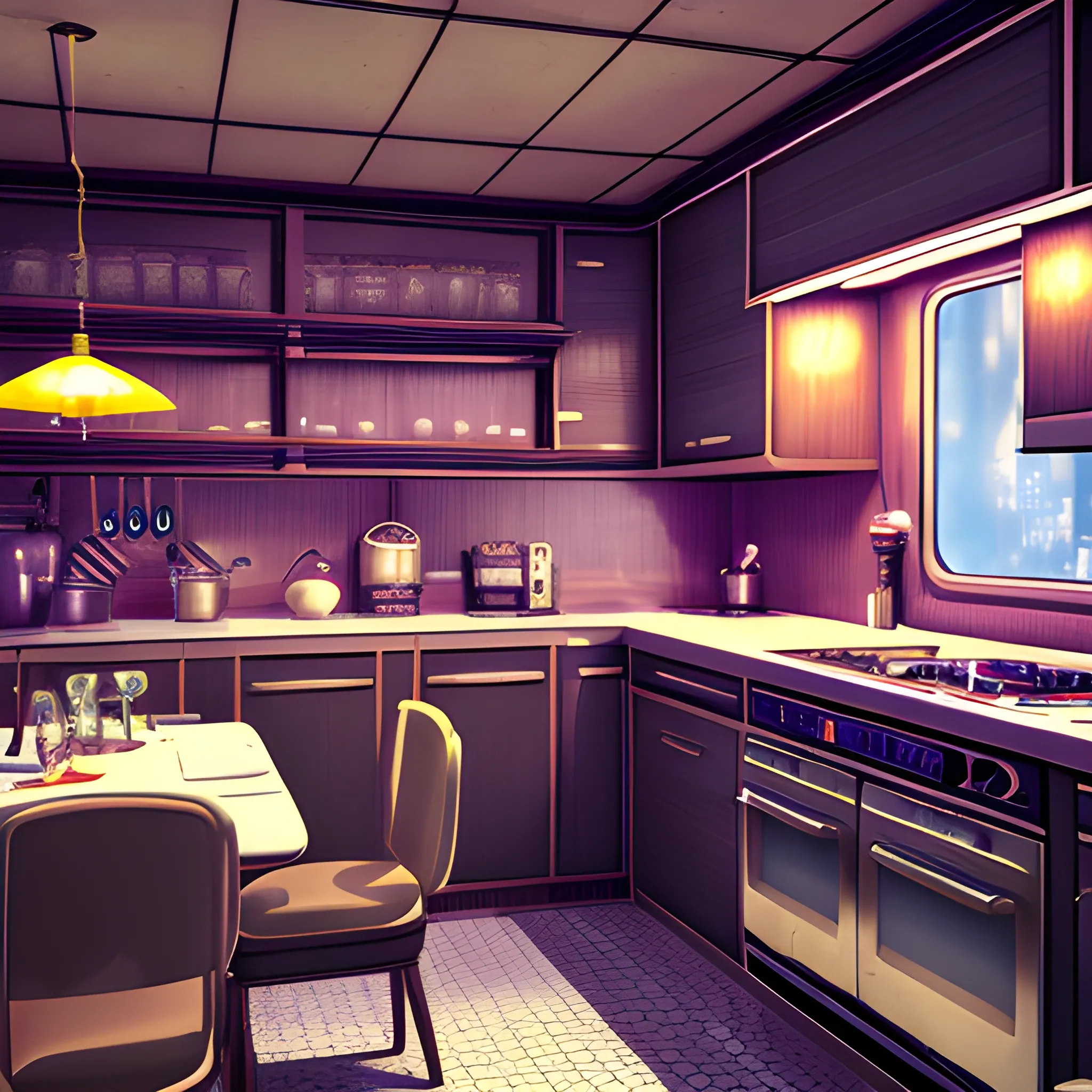 Kitchen, fancy dinner, retro futuristic, highly detailed, realistic, 4k 
