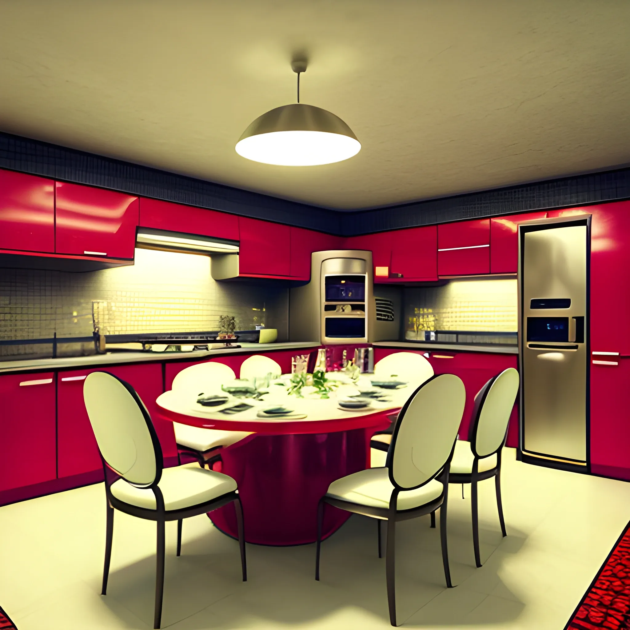 Kitchen, fancy dinner, retro futuristic, highly detailed, realistic, 4k 