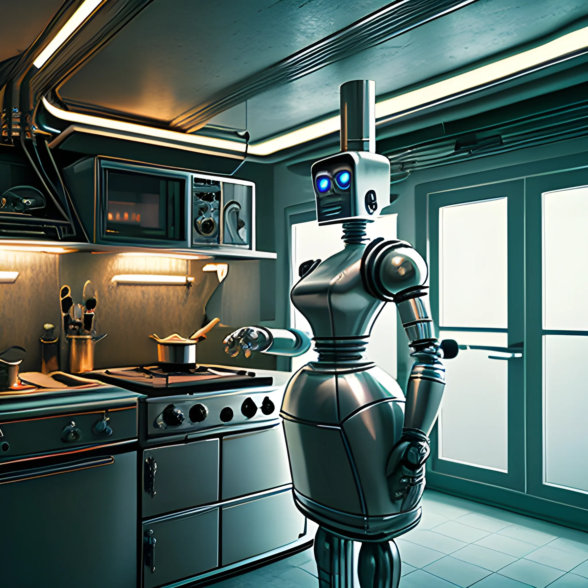 Kitchen, fancy dinner, retro futuristic, highly detailed, realistic, 4k, robot maid, 