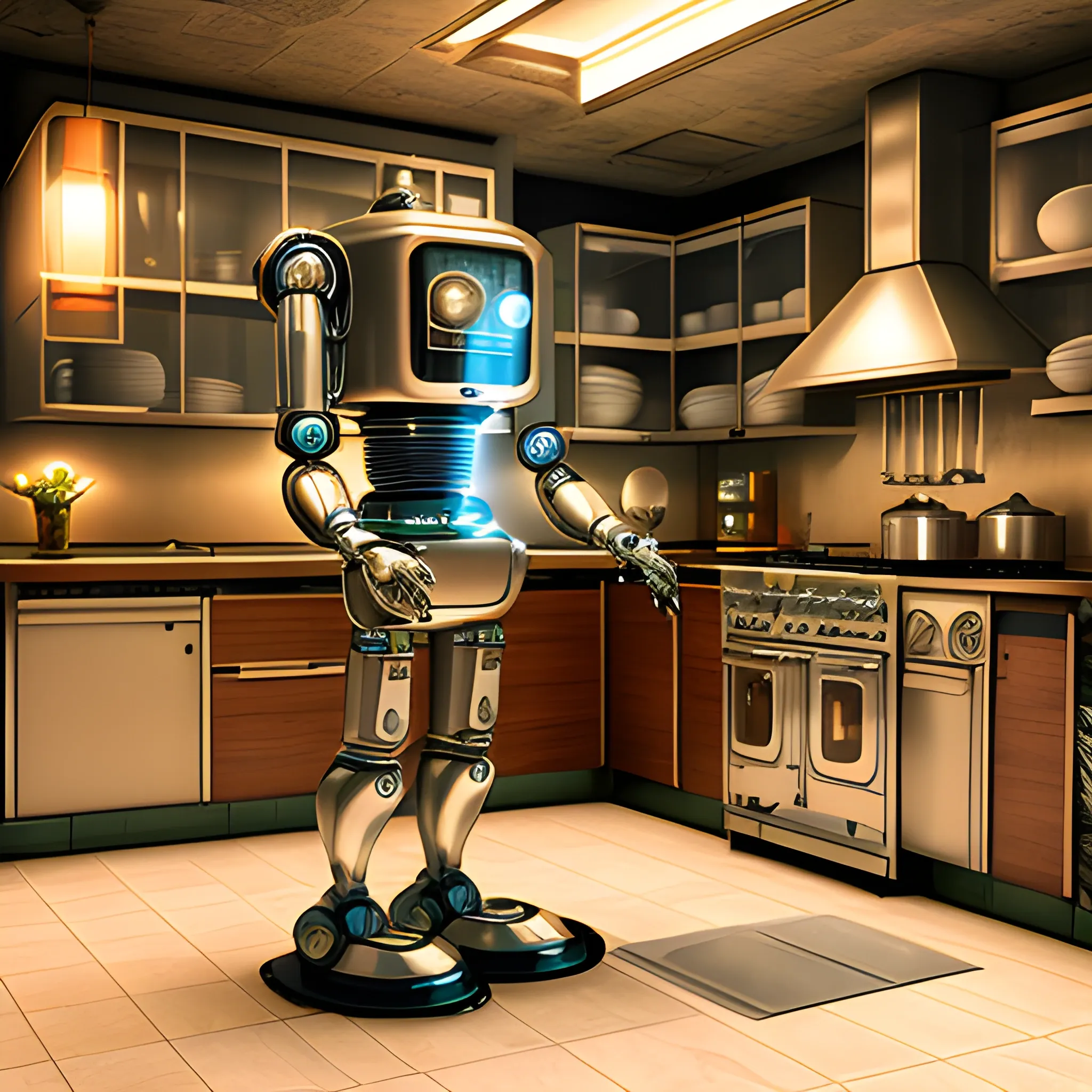 Kitchen, fancy dinner, retro futuristic, highly detailed, realistic, 4k, robot maid