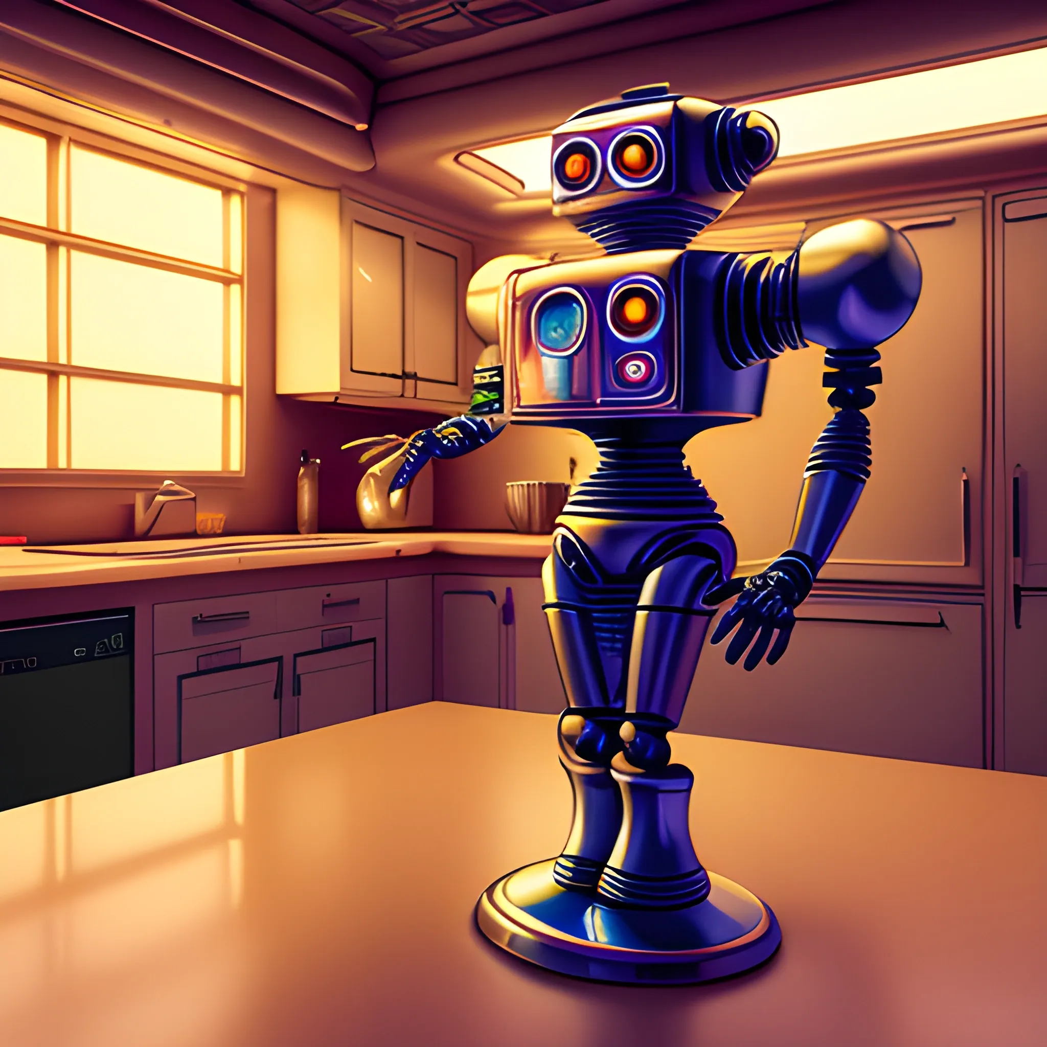 Kitchen, fancy dinner, retro futuristic, highly detailed, realistic, 4k, robot maid