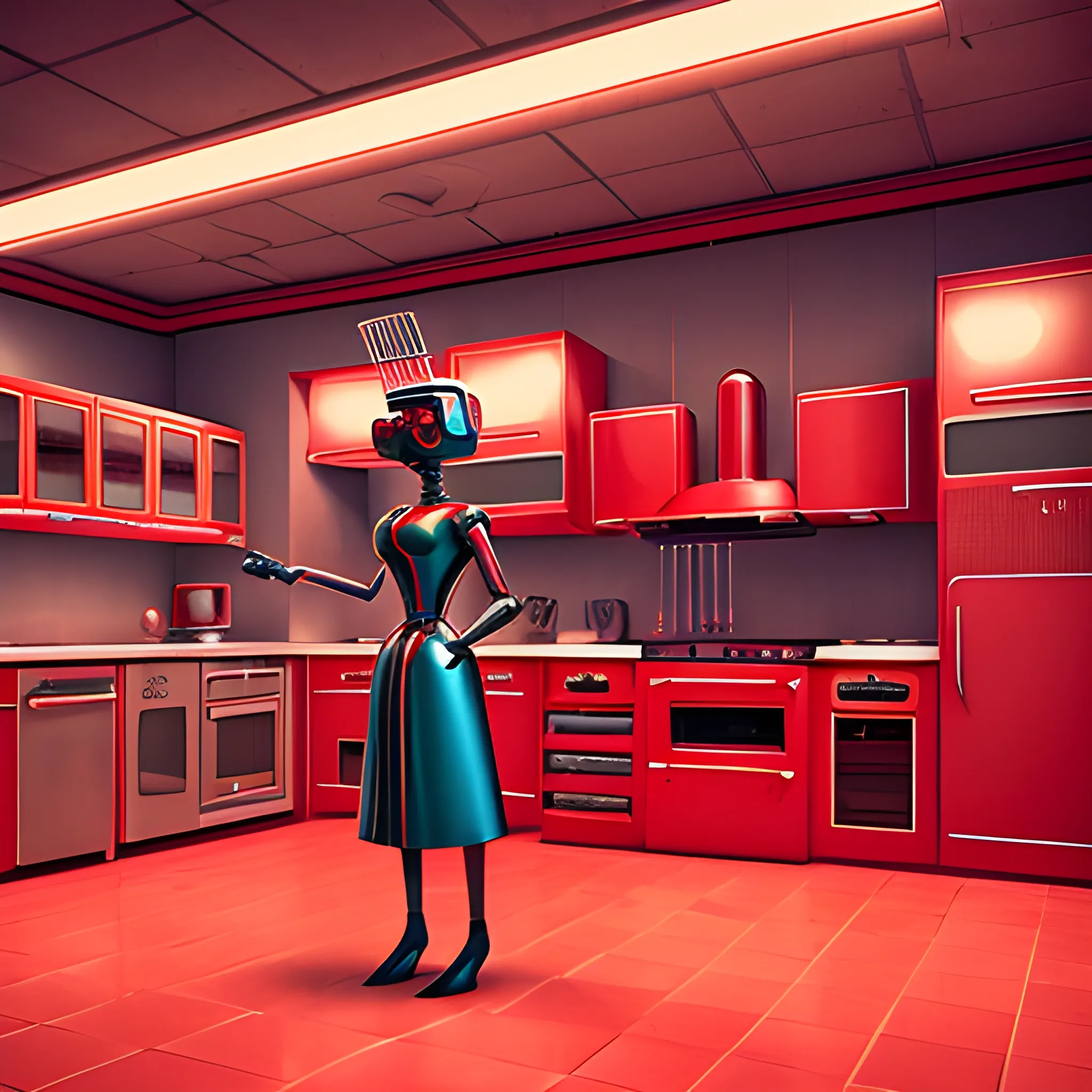 Kitchen, fancy dinner, retro futuristic, highly detailed, realistic, 4k, robot maid, red style