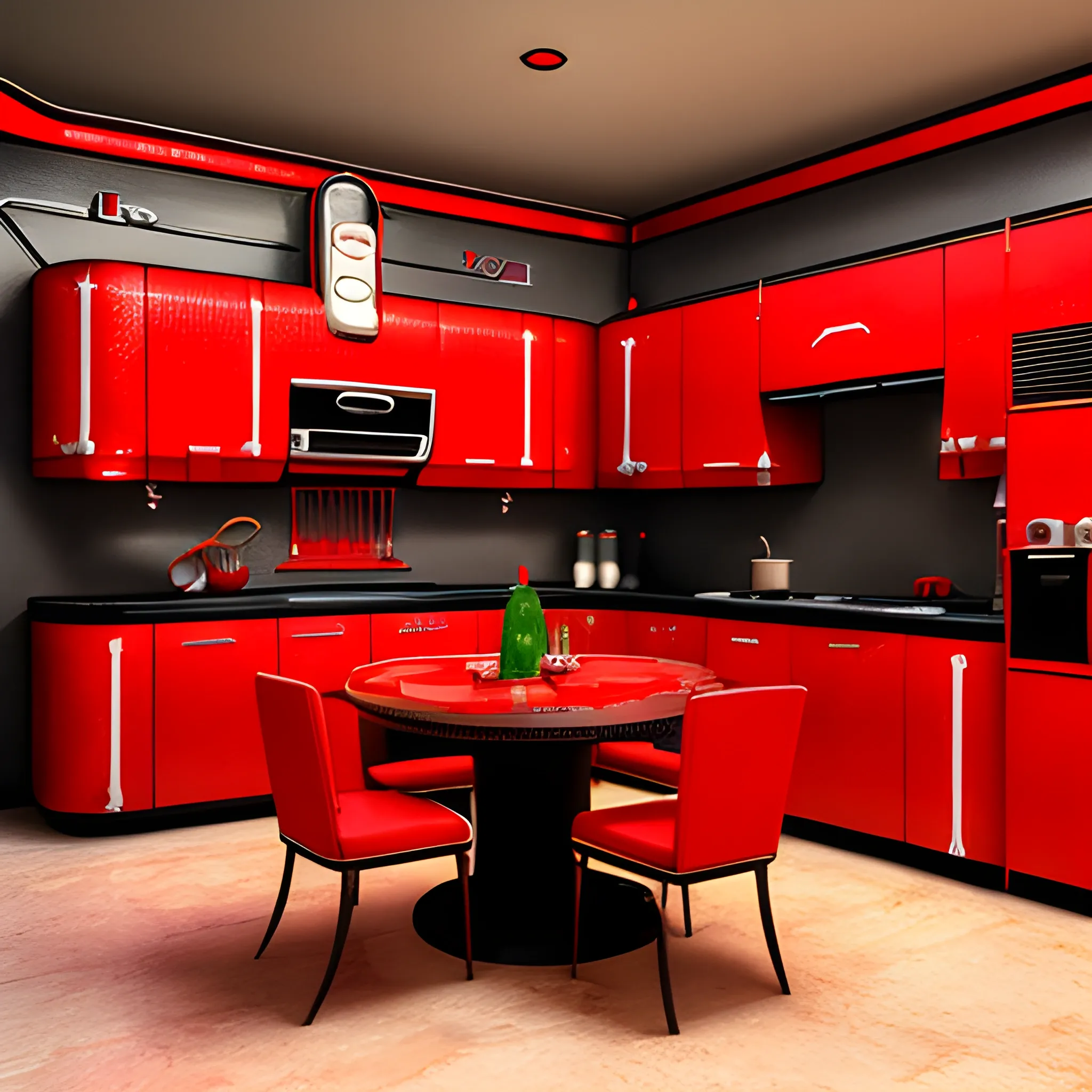 Kitchen, fancy dinner, retro futuristic, highly detailed, realistic, 4k, robot maid, red style, Luxurious furniture