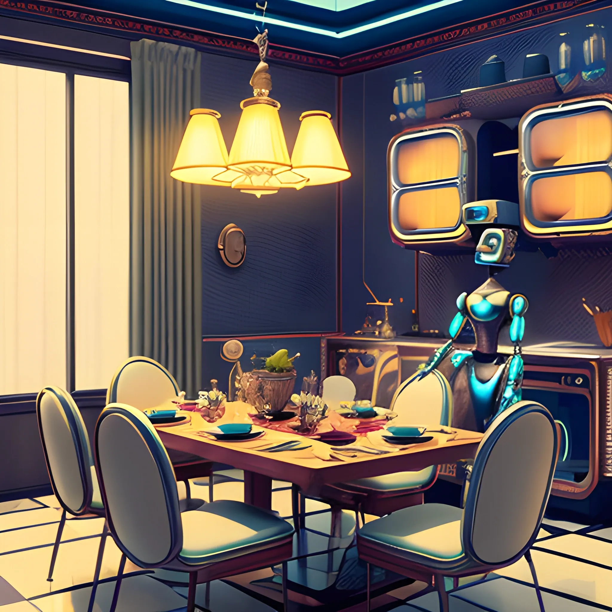 Kitchen, fancy dinner, retro futuristic, highly detailed, realistic, 4k, robot maid, retro style, Luxurious furniture