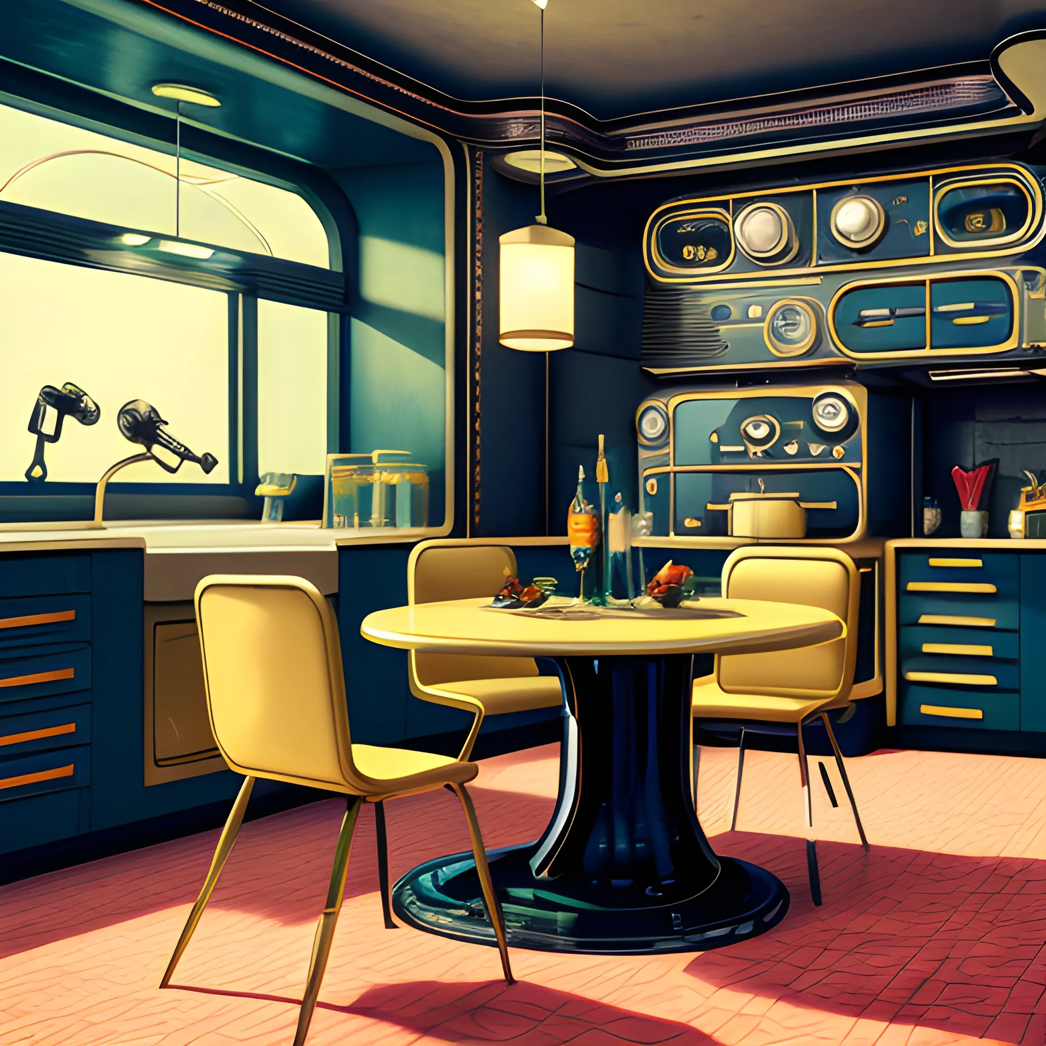 Kitchen, fancy dinner, retro futuristic, highly detailed, realistic, 4k, robot maid, retro style, Luxurious furniture