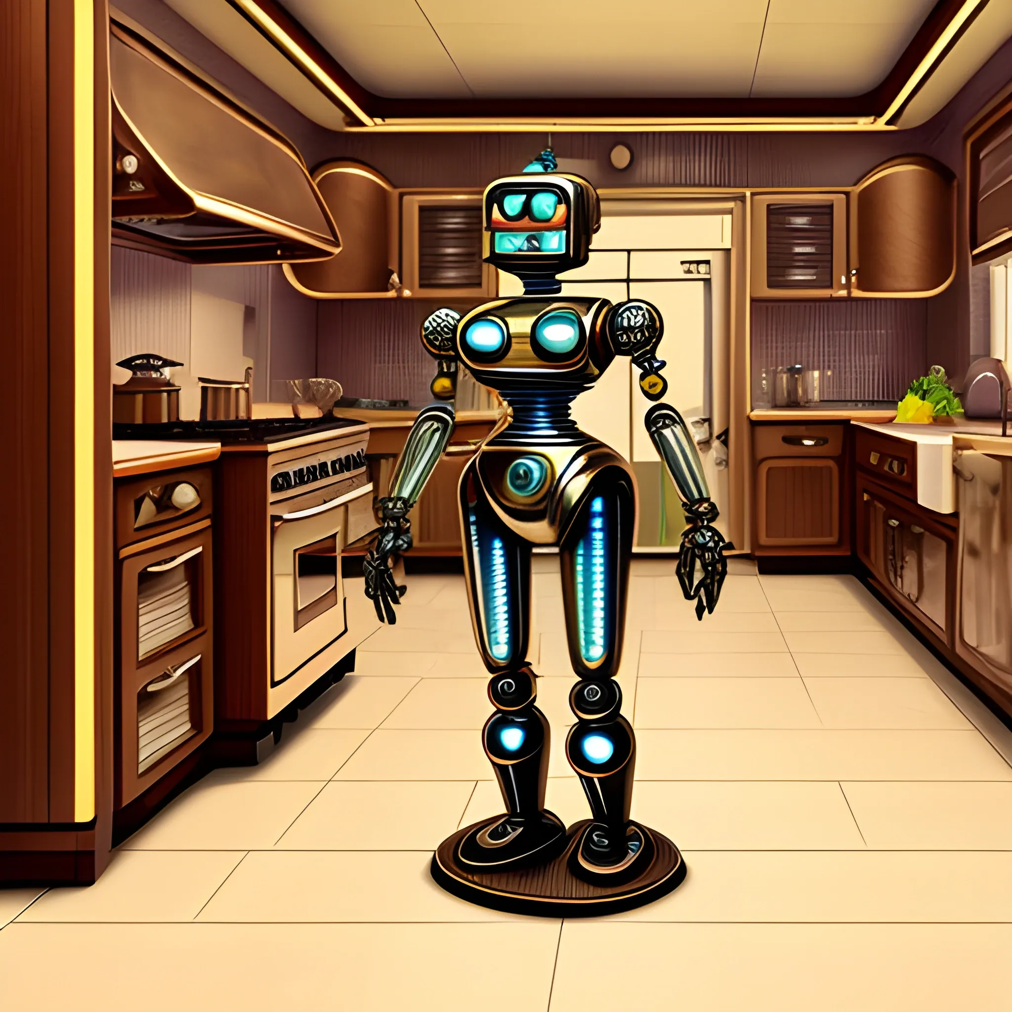 Kitchen, fancy dinner, retro futuristic, highly detailed, realistic, 4k, robot maid, retro style, Luxurious furniture