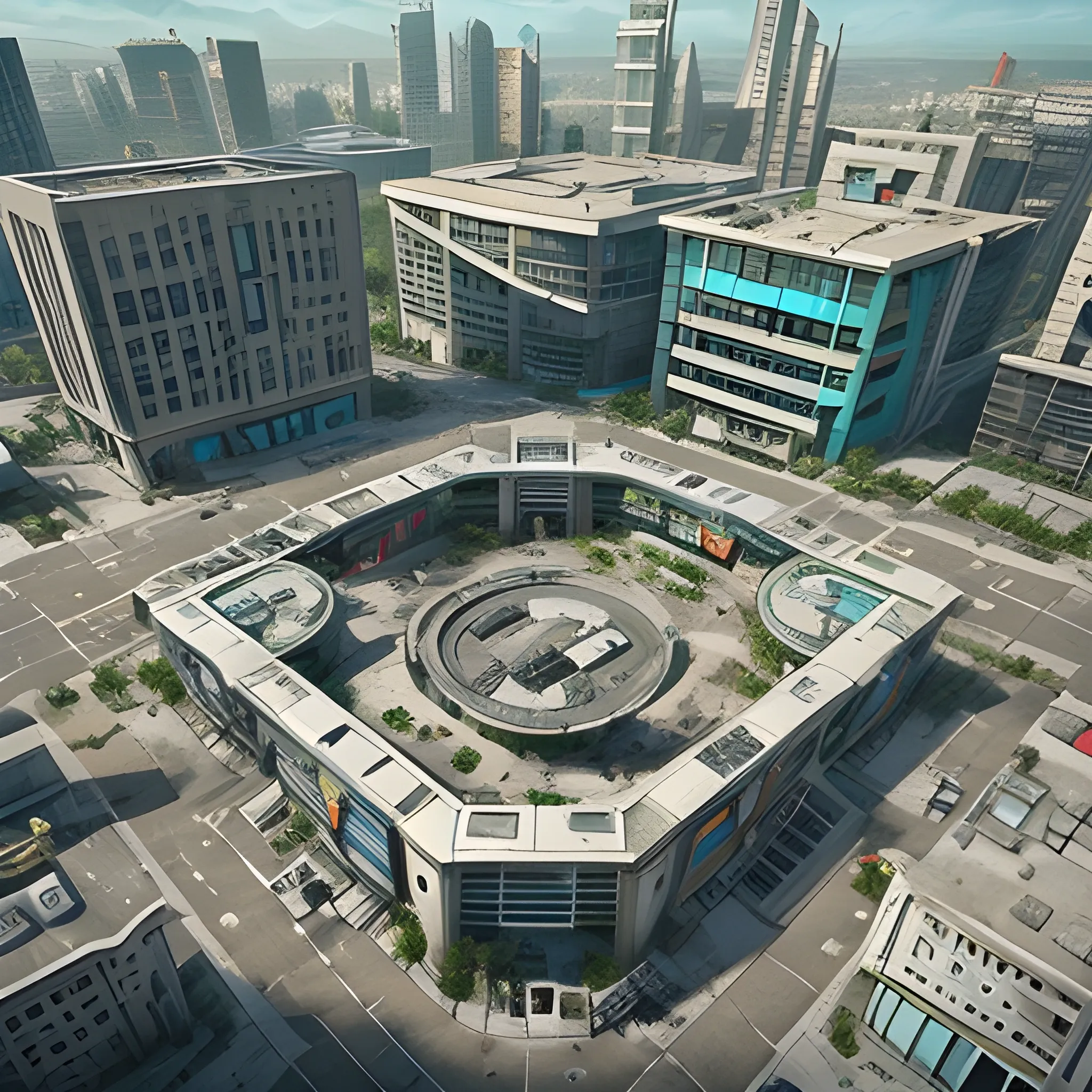 plaza, high tech, stores, Establishments, futuristic, postapocalyptic, drone view