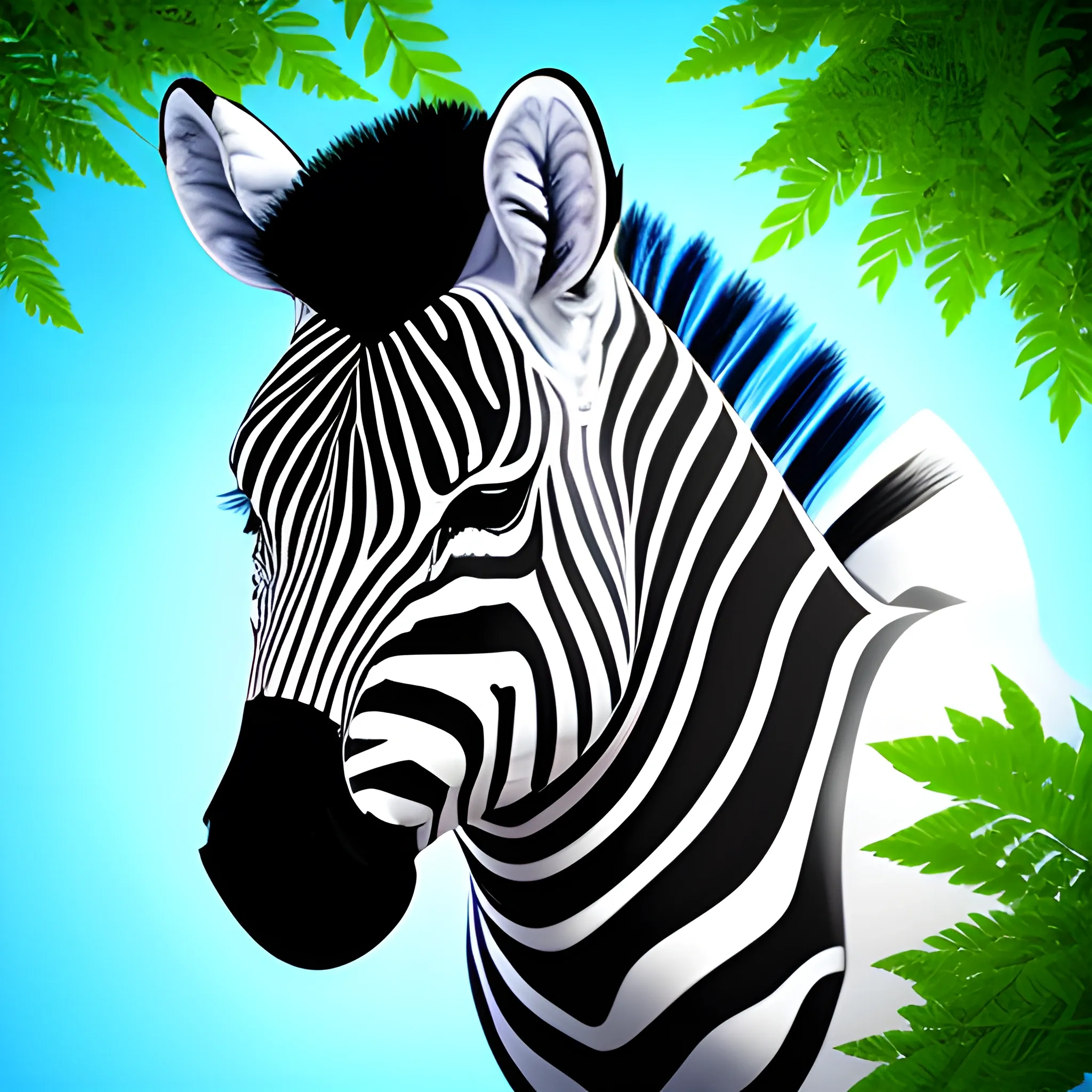 the upper part of the zebra looks like both a human head and an artificial intelligence head on a background of green flowering trees in blue colors in the theme of the future of artificial intelligence, quality 128k