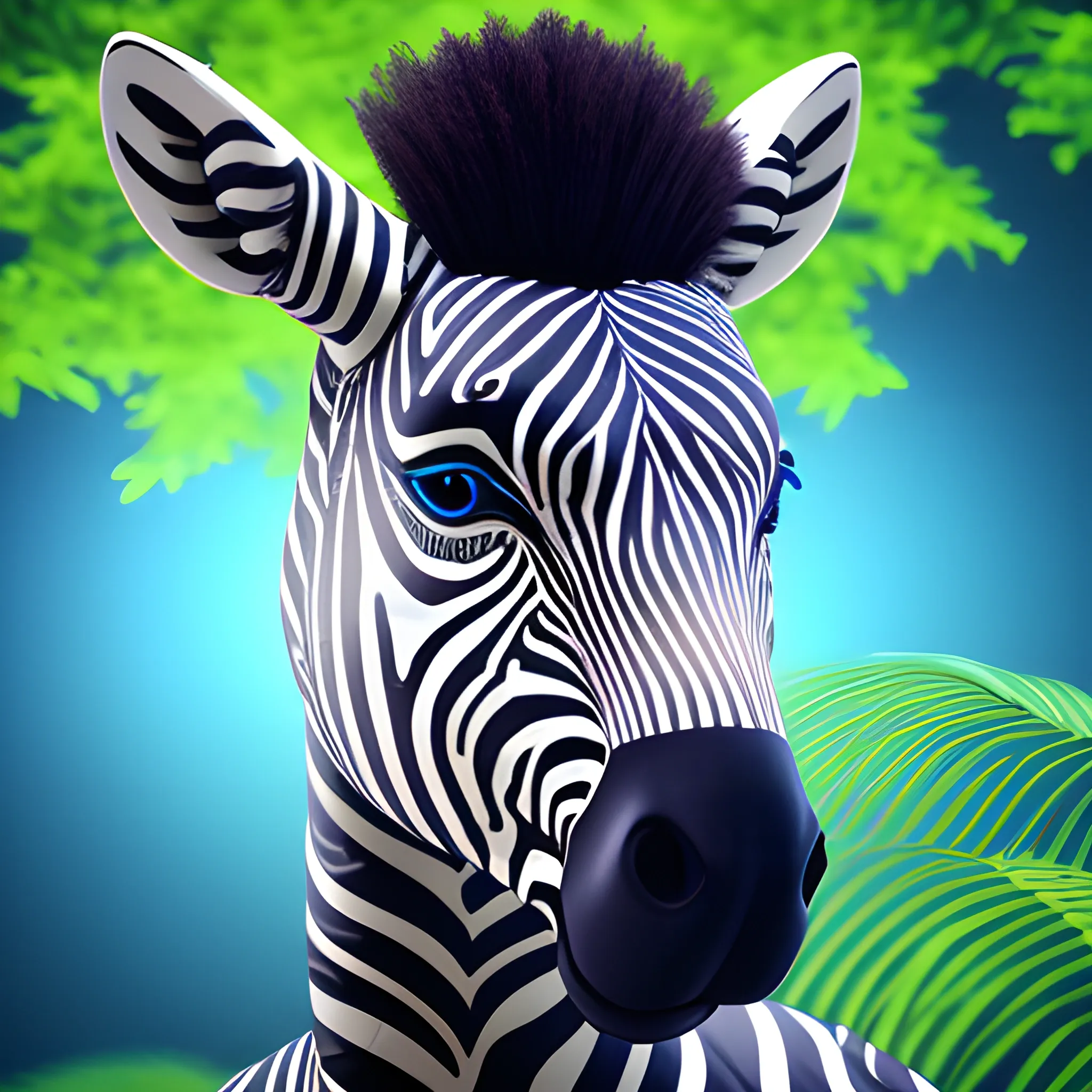 the upper part of the zebra looks like both a human head and an artificial intelligence head on a background of green flowering trees in blue colors in the theme of the future of artificial intelligence, quality 128k, 3D