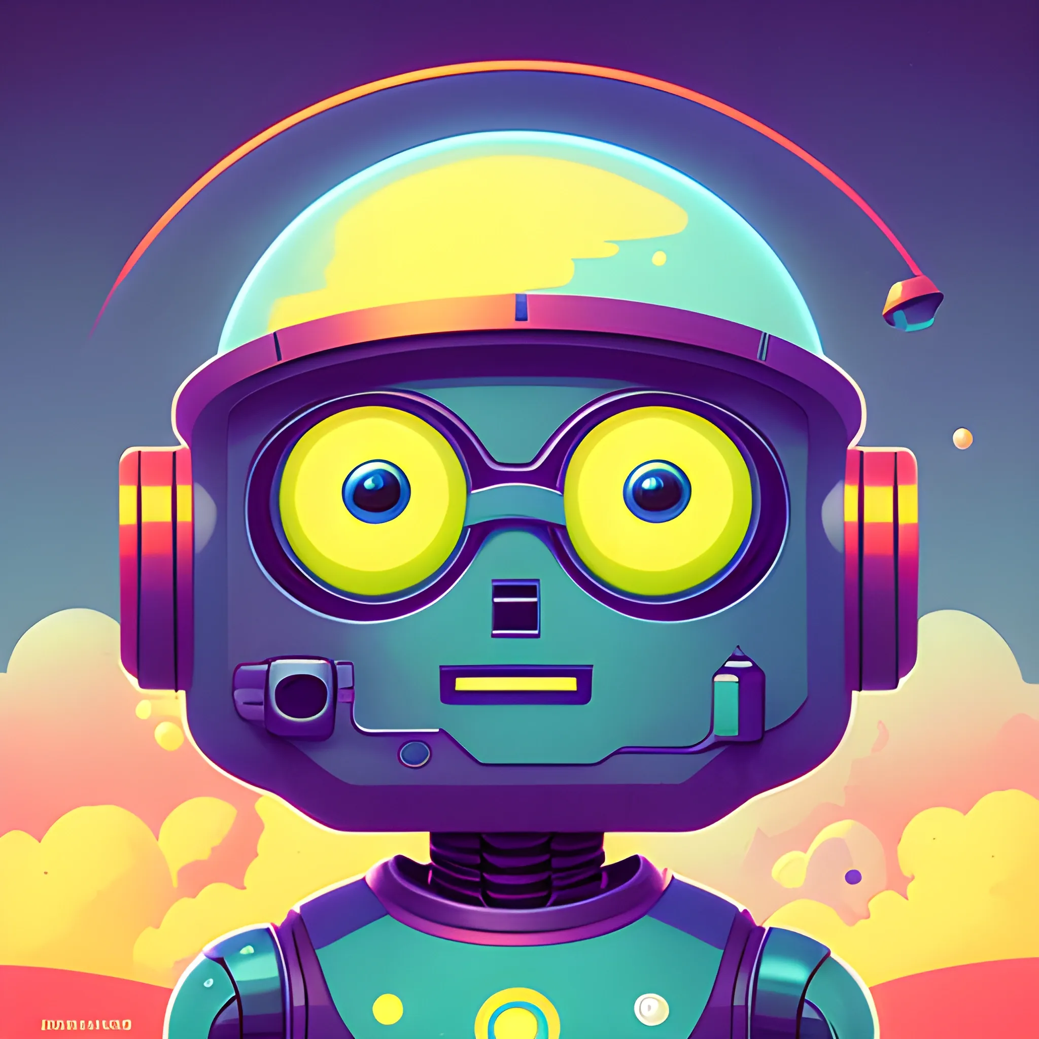 Friendly robot avatar with government or institutional vibes. Should be cheerful, knowledgeable, and friendly. by petros afshar, ross tran, Tom Bagshaw, tom whalen, underwater bubbly psychedelic clouds, Anaglyph 3D lens blur effect
