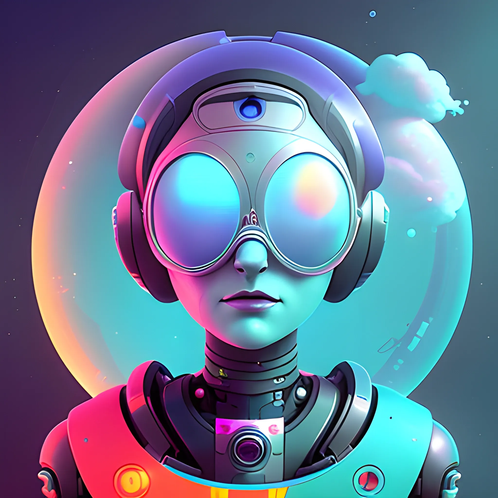 Friendly female robot avatar with government or institutional vibes. Should be cheerful, knowledgeable, and friendly. by petros afshar, ross tran, Tom Bagshaw, tom whalen, underwater bubbly psychedelic clouds, Anaglyph 3D lens blur effect
